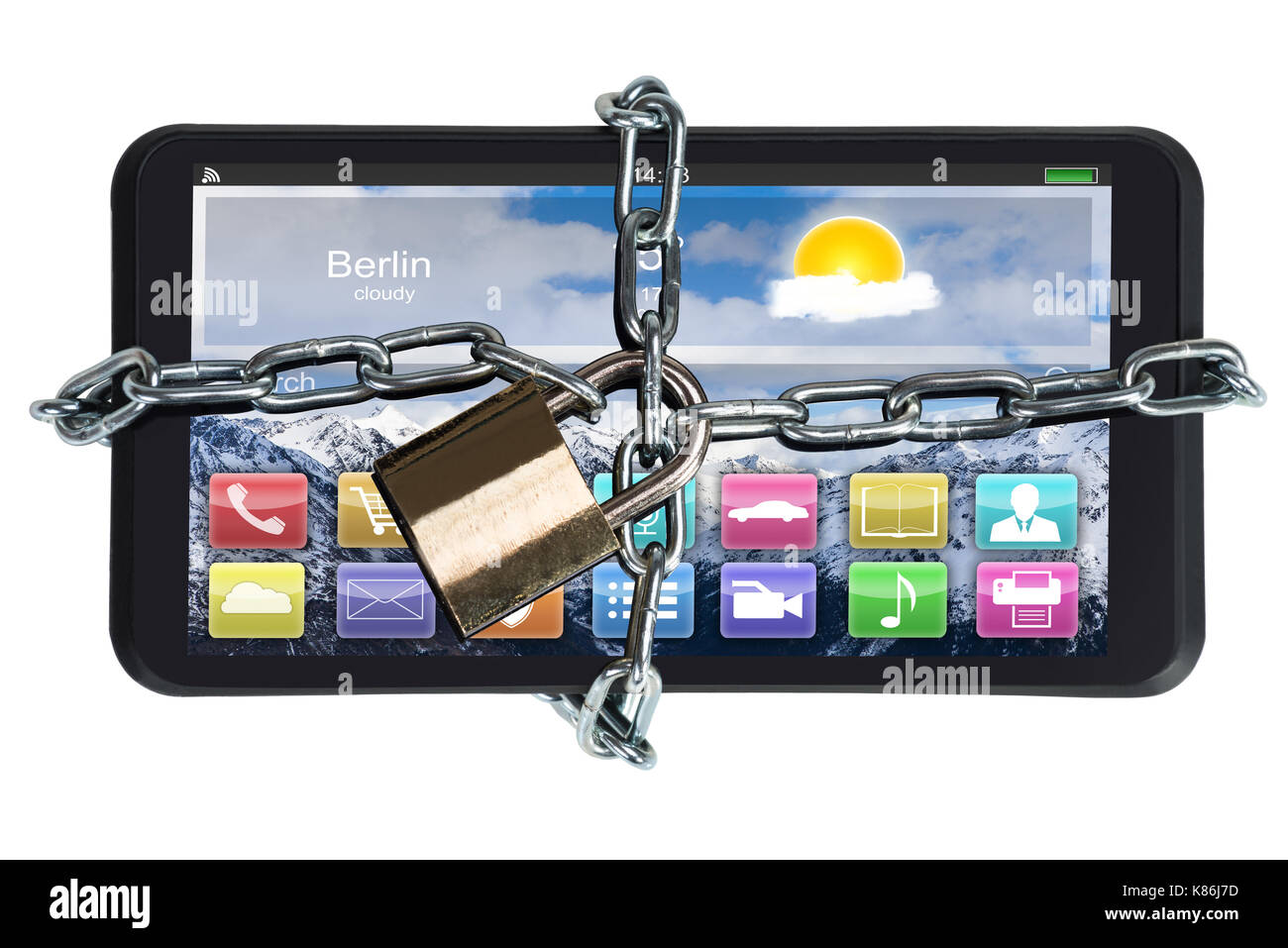 Closeup of digital tablet trapped with padlock and chain against white background Stock Photo