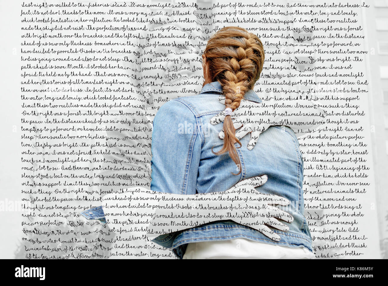 People made of text, two women hugging Stock Photo