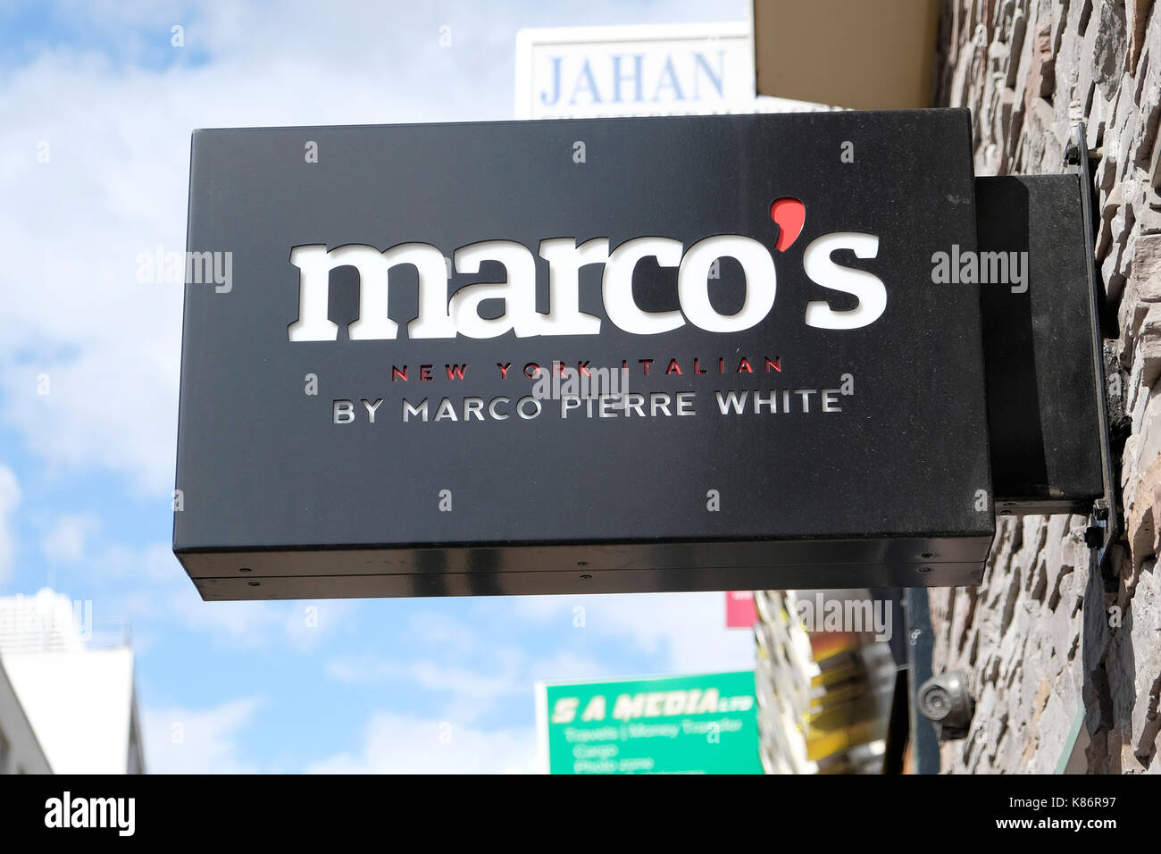 A sign of Marco Pierre White restaurant in Brick Lane, East London. Stock Photo