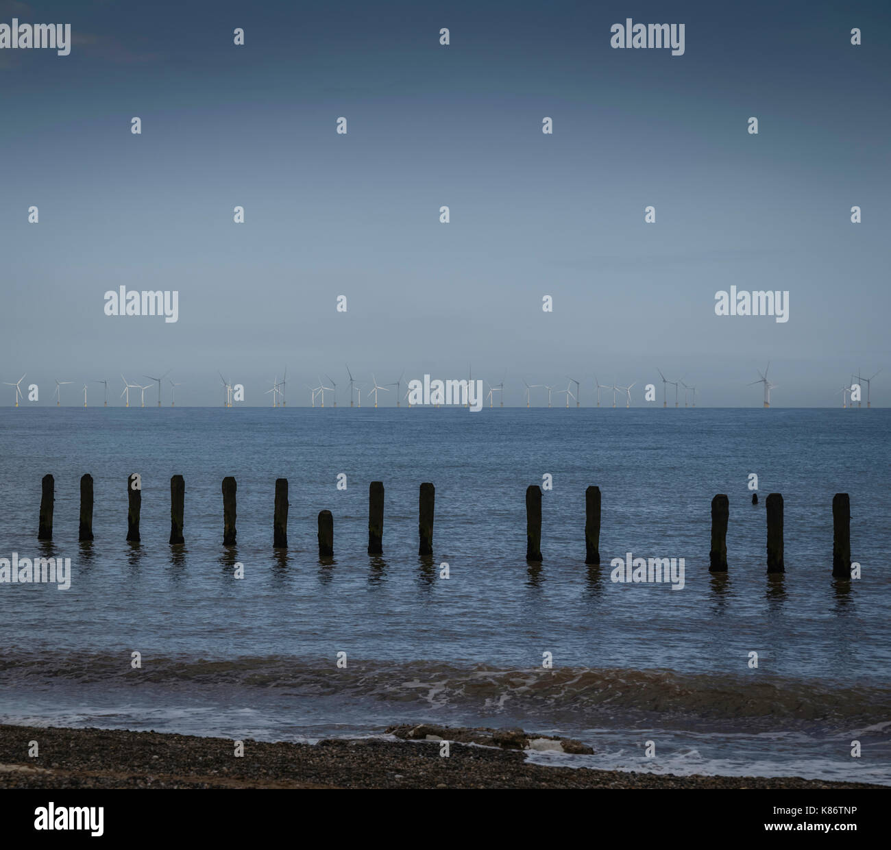 Spurn Head landscape, offshore wind turbines, Humberside, East Yorkshire, UK. Stock Photo