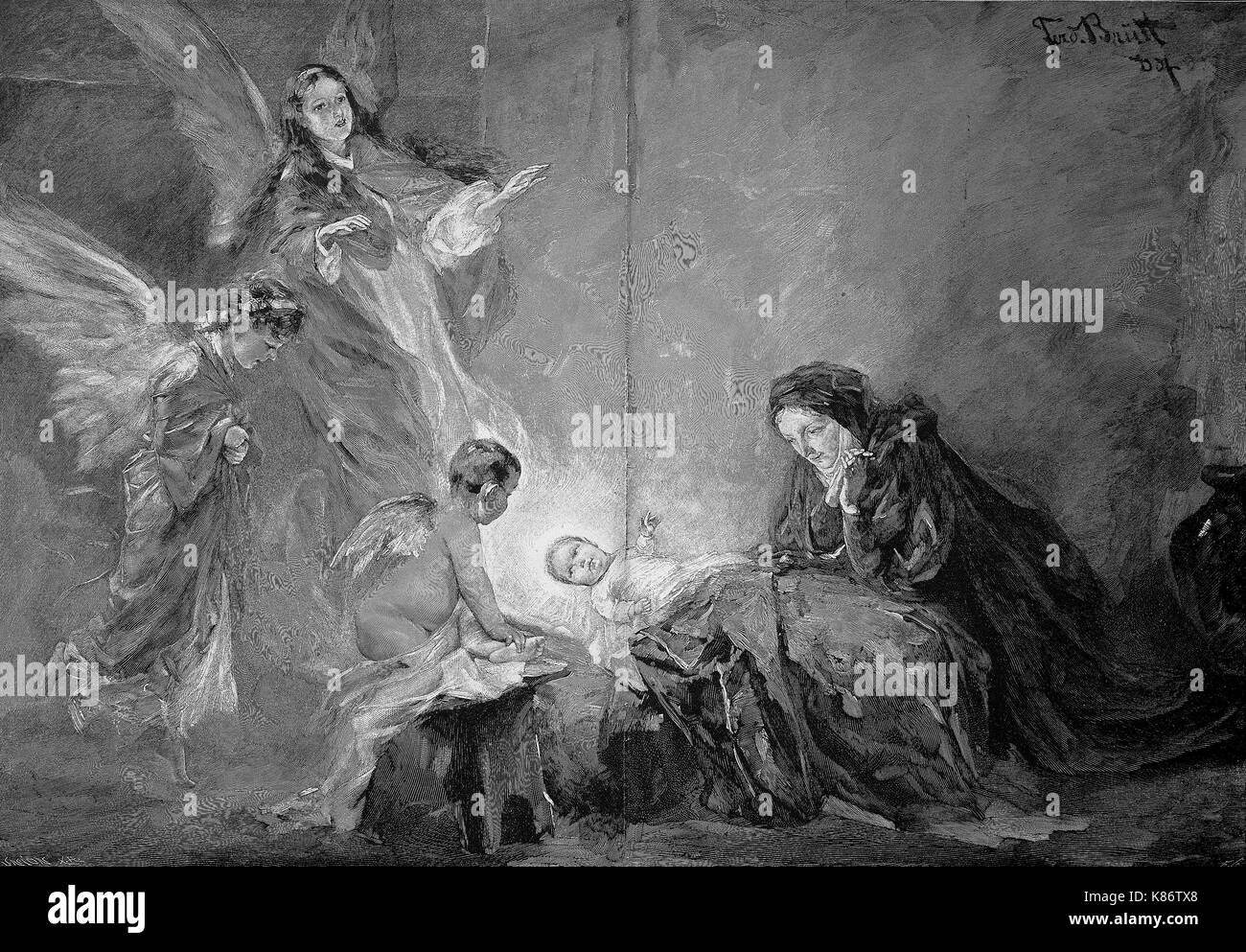 The holy night, the birth of Jesus, the child is surrounded by angels, Digital improved reproduction of an original woodprint from the 19th century Stock Photo