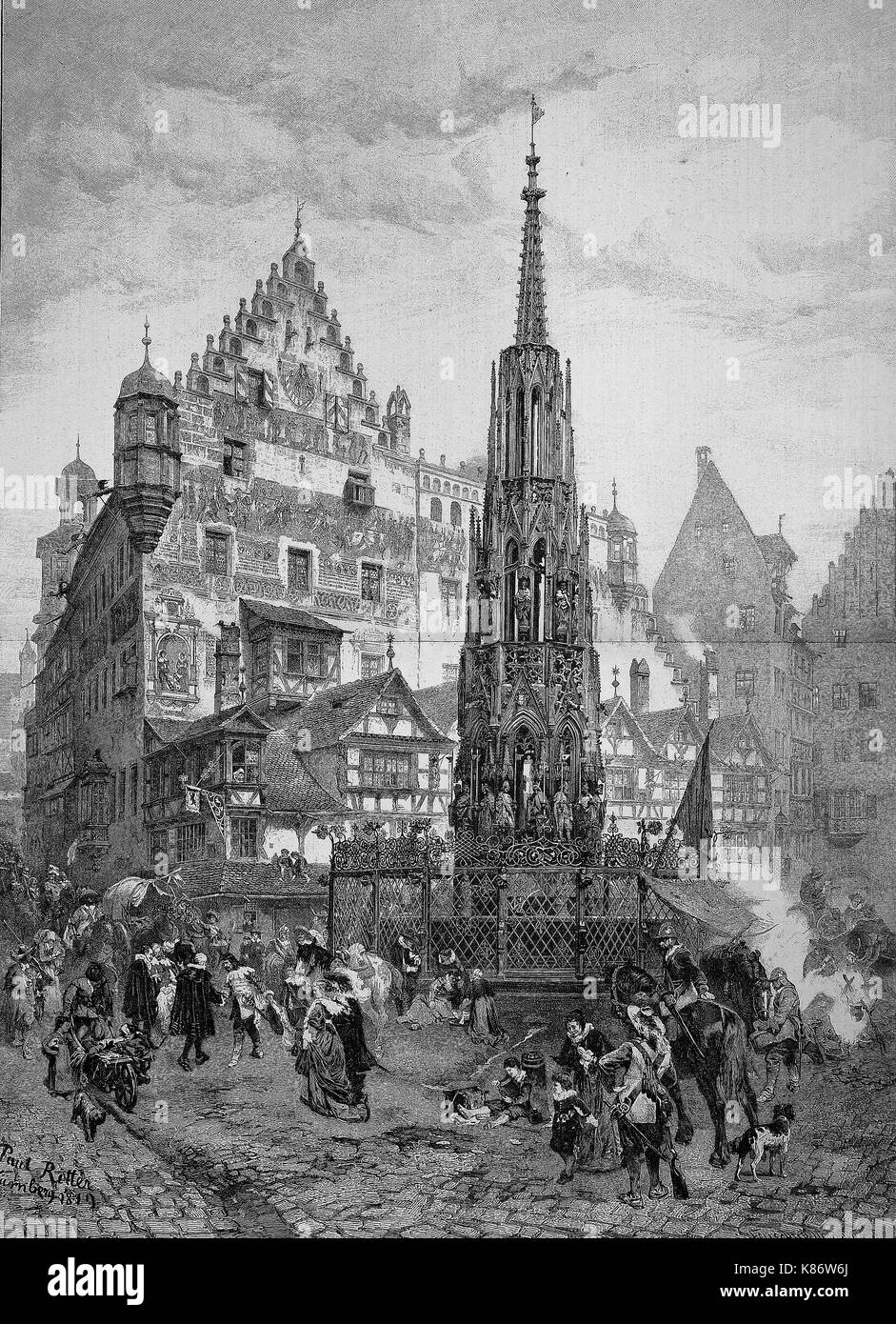 the Schoener Brunnen, fountain, at the market of Nuremberg, Bavaria, Germany, 1819, Digital improved reproduction of an original woodprint from the 19th century Stock Photo
