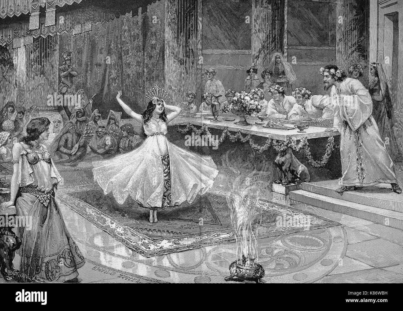 Salome dances infront of Herodes, Salome I, ca 65 BCE - ca. 10 CE, was the sister of Herod the Great, scene from the tragedy Johannes by Hermann Sudermann, Digital improved reproduction of an original woodprint from the 19th century Stock Photo