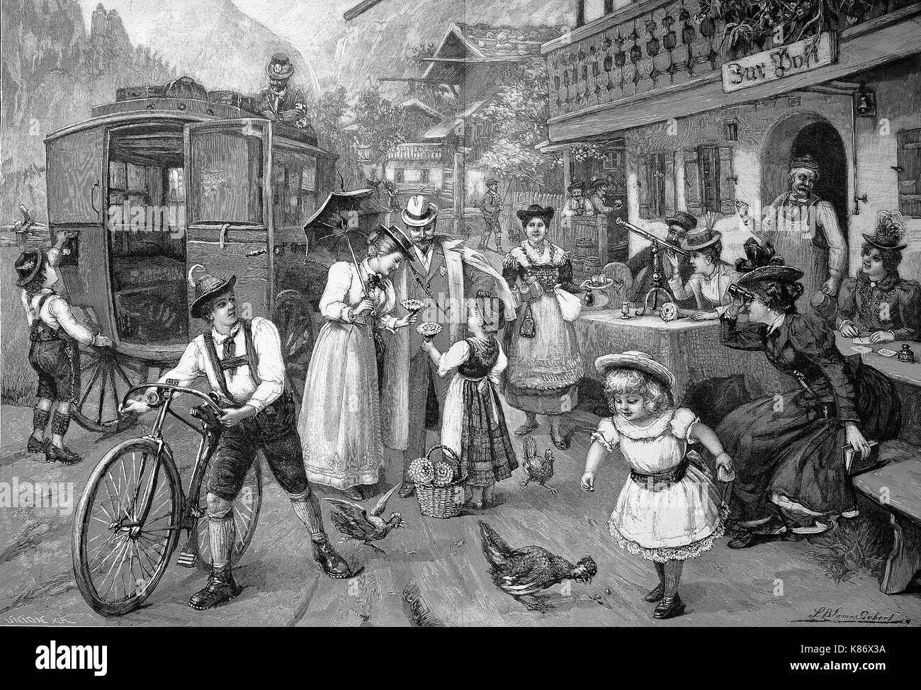 a couple from Berlin comes to summer vacation in Bavaria, Germany, 1898, other tourists sit in front of a tavern, Digital improved reproduction of an original woodprint from the 19th century Stock Photo