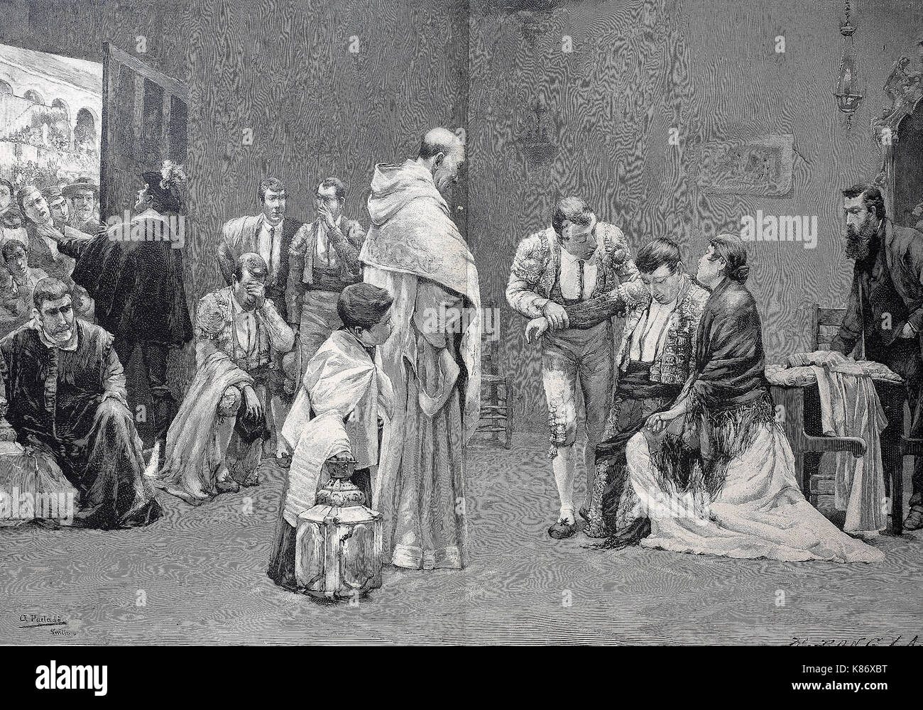 Bullfighting in Spain, the end of the torero, the seriously injured torero gets the last blessing, Digital improved reproduction of an original woodprint from the 19th century Stock Photo