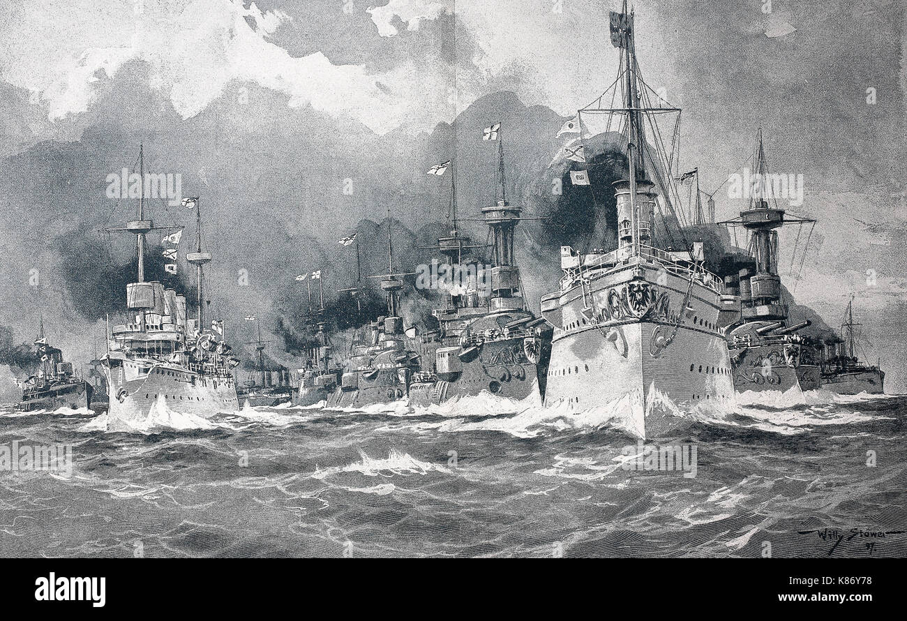 German warship, after a painting by Willy Stoewer, Digital improved reproduction of an original woodprint from the 19th century Stock Photo
