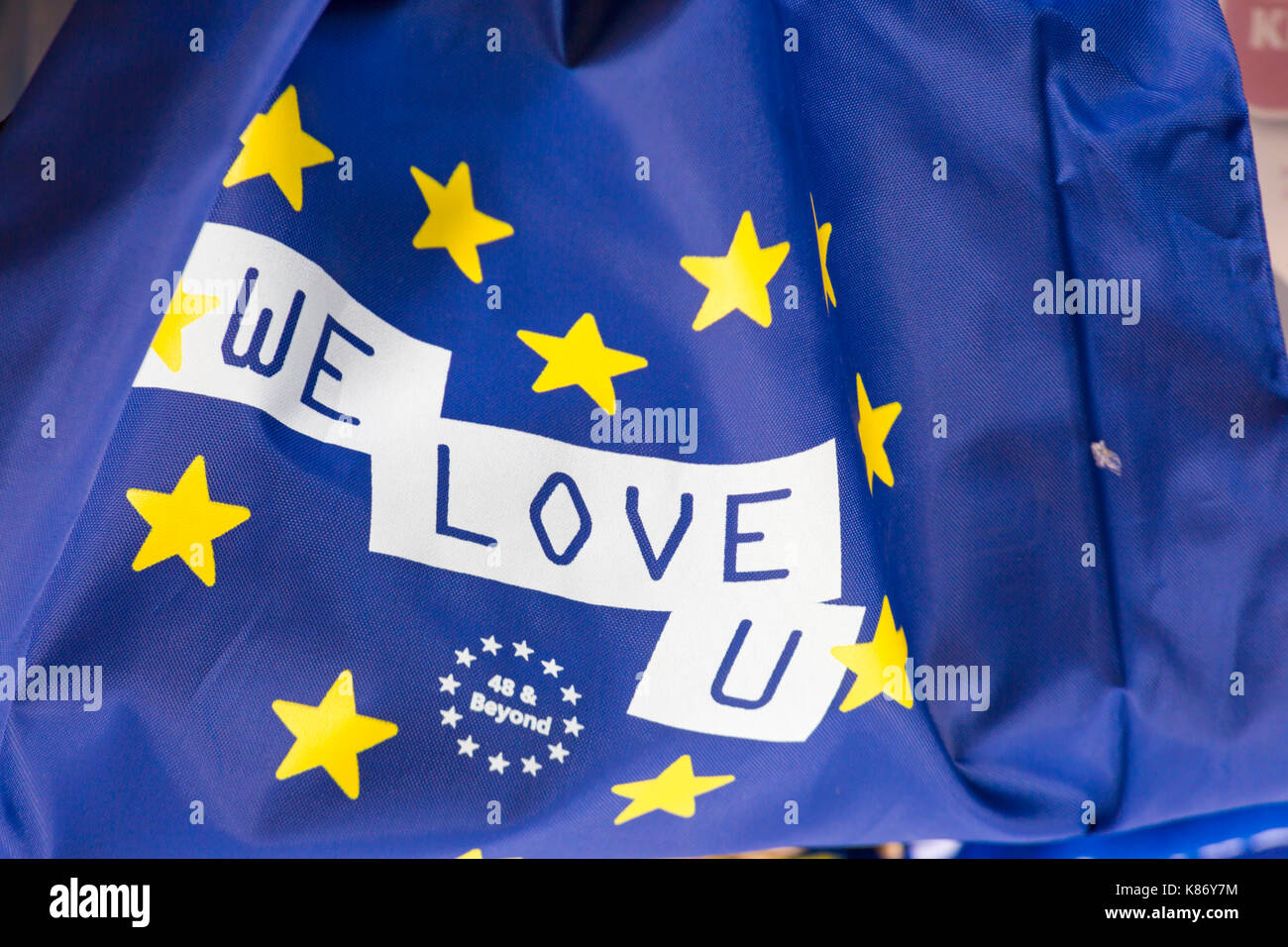 We Love U flag 48 & Beyond at Stop Brexit Demonstration at Bournemouth, Dorset in September Stock Photo