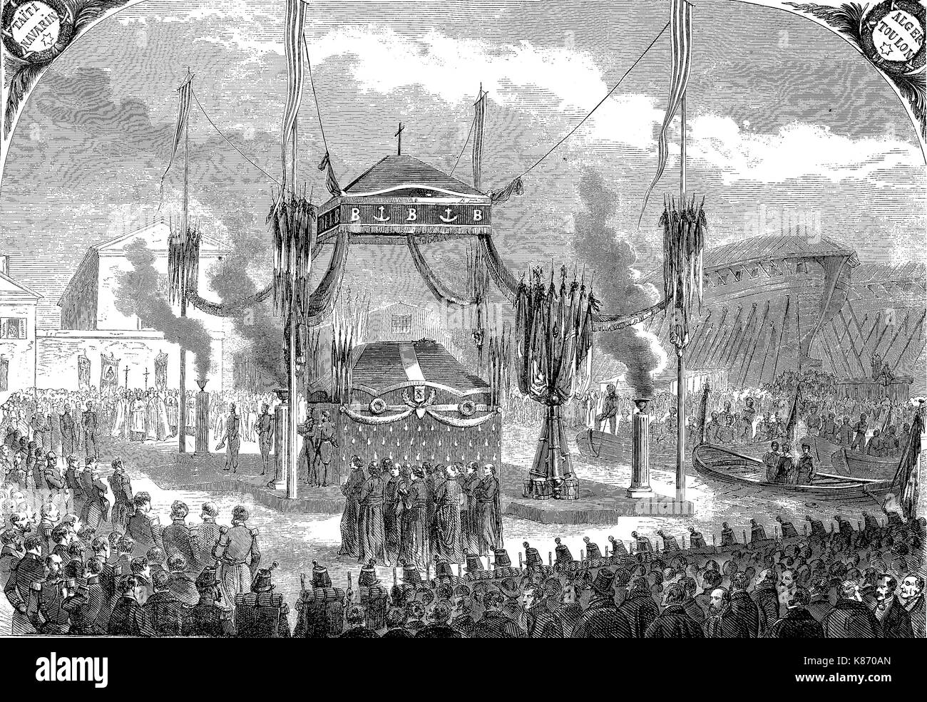 funeral, burial procesion of Armand Joseph Bruat, 1796 - 1855, a French admiral, Crimean War 1853 - 1856, Digital improved reproduction of an original woodprint from the 19th century Stock Photo