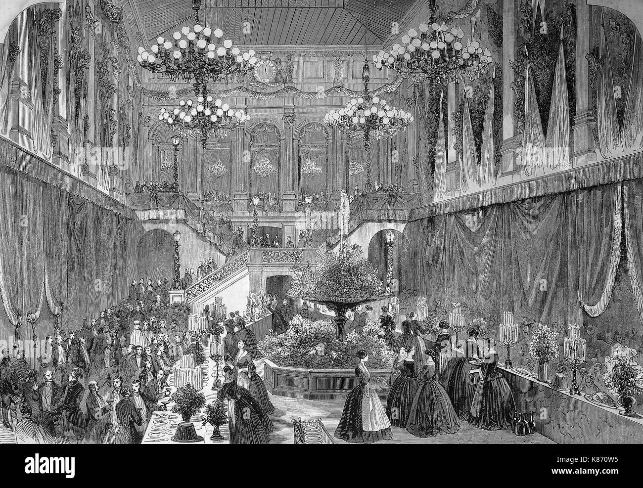 a celebration in the Hotel du Louvre, Paris, France for the prince Napoleon, Digital improved reproduction of an original woodprint from the 19th century Stock Photo