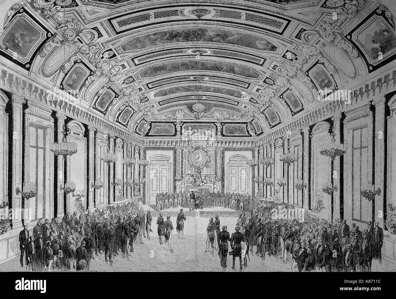 a celebration in the Hotel du Louvre, Paris, France for the prince Napoleon, Digital improved reproduction of an original woodprint from the 19th century Stock Photo