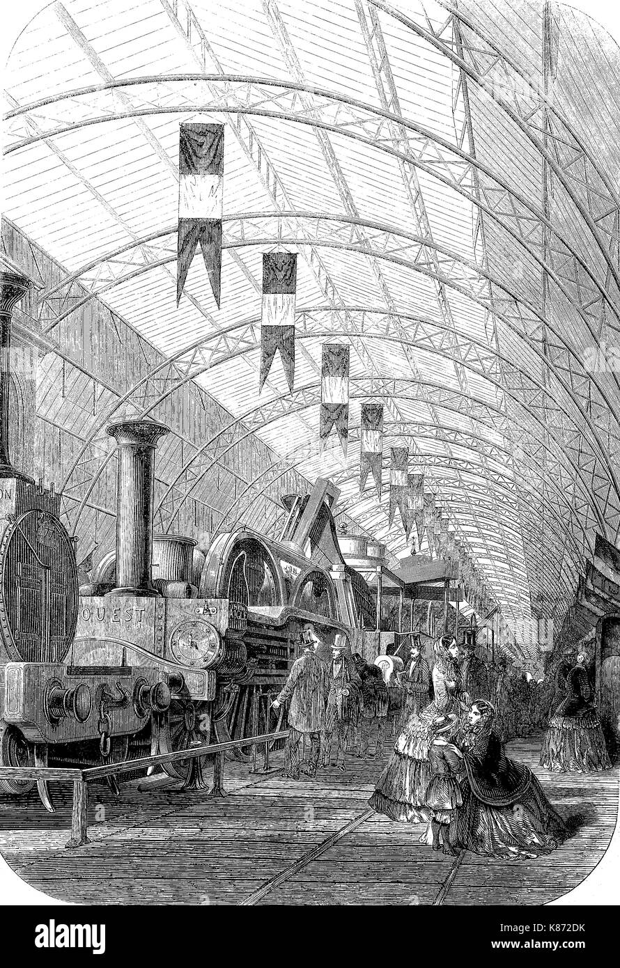 train in the The Annexe in France in a railway station, locomotive, Digital improved reproduction of an original woodprint from the 19th century Stock Photo