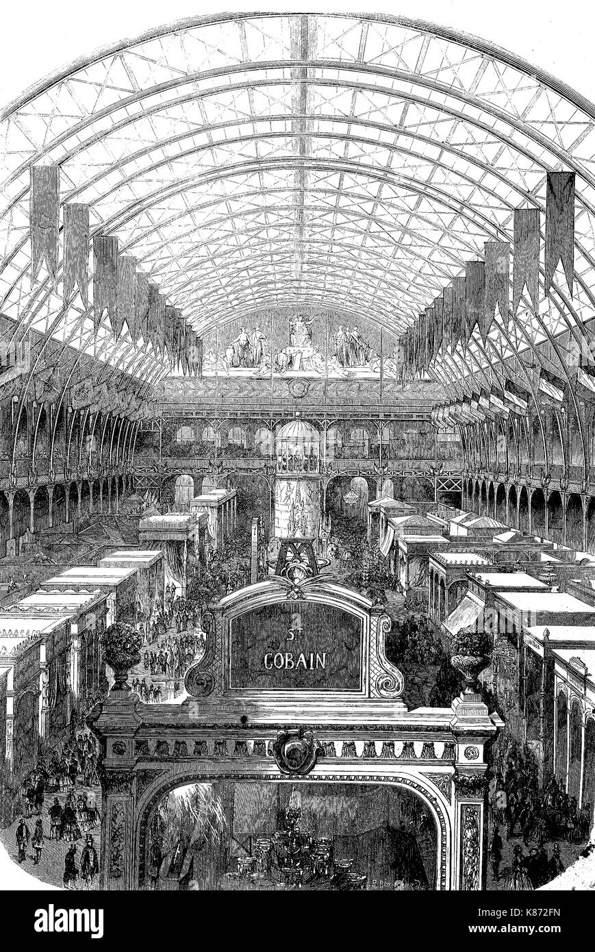 the interior of the Transept of the industrial palace, exhibition, 1855, Paris, France, Digital improved reproduction of an original woodprint from the 19th century Stock Photo