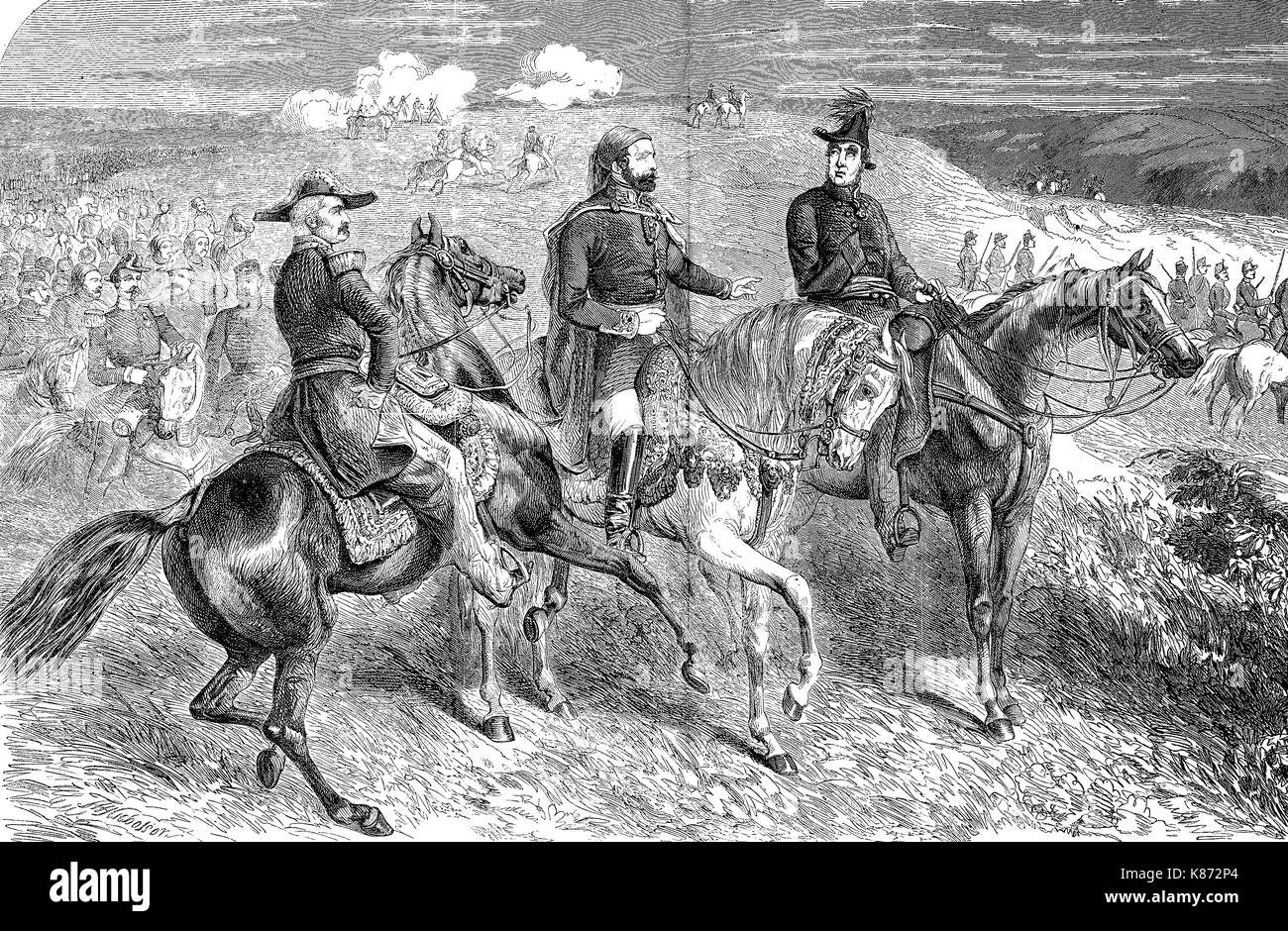 the generals Aimable-Jean-Jacques Pélissier, 1st Duc de Malakoff, Omar Pasha Latas and Lord Raglan, Crimean War, Siege of Sevastopol, 1855, Digital improved reproduction of an original woodprint from the 19th century Stock Photo