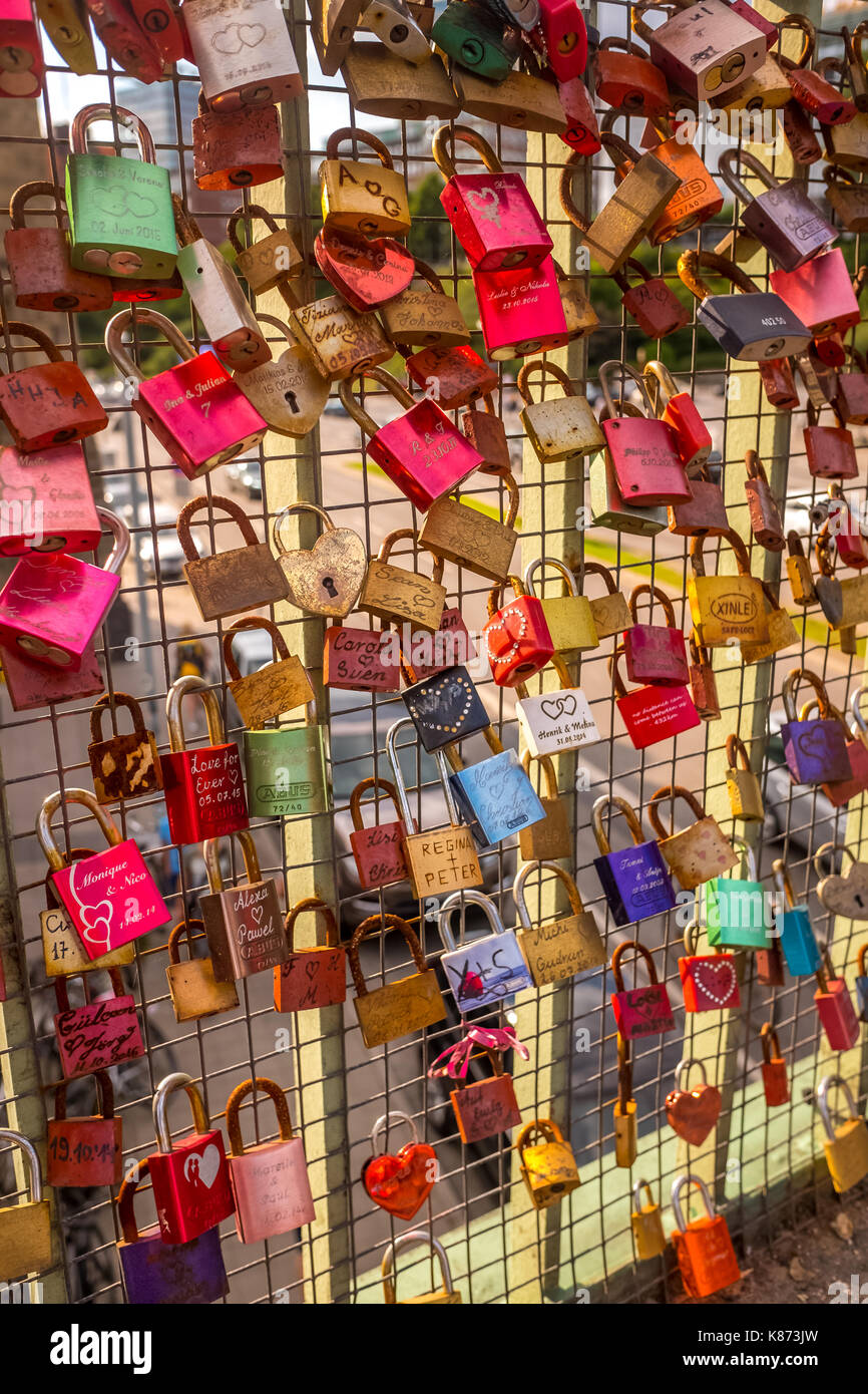 Love locks on bridge in Hamburg Stock Photo