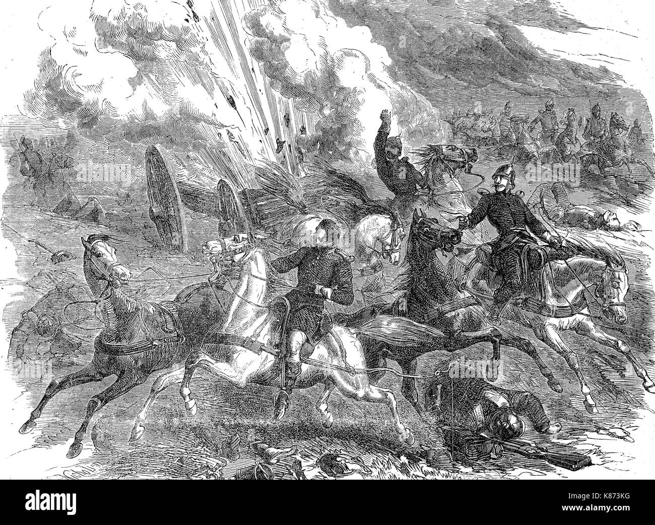 Crimean War, 1855, explosion of a Russian powder cart, Digital improved reproduction of an original woodprint from the 19th century Stock Photo