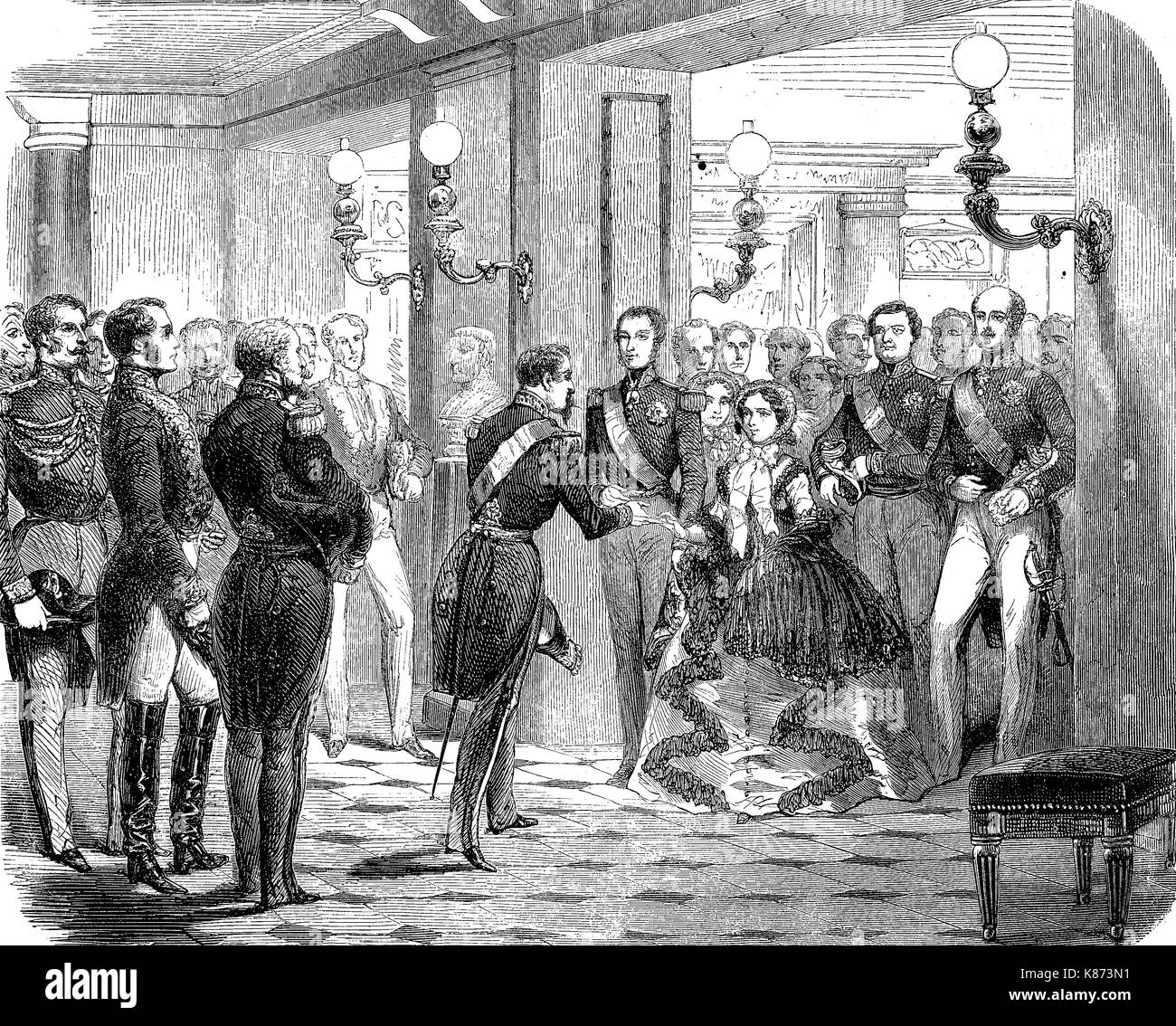 Crimean War, Reception of the Duke and Duchess of Brabant in the castle at St. Cloud, France, on October 12, 1855, Digital improved reproduction of an original woodprint from the 19th century Stock Photo