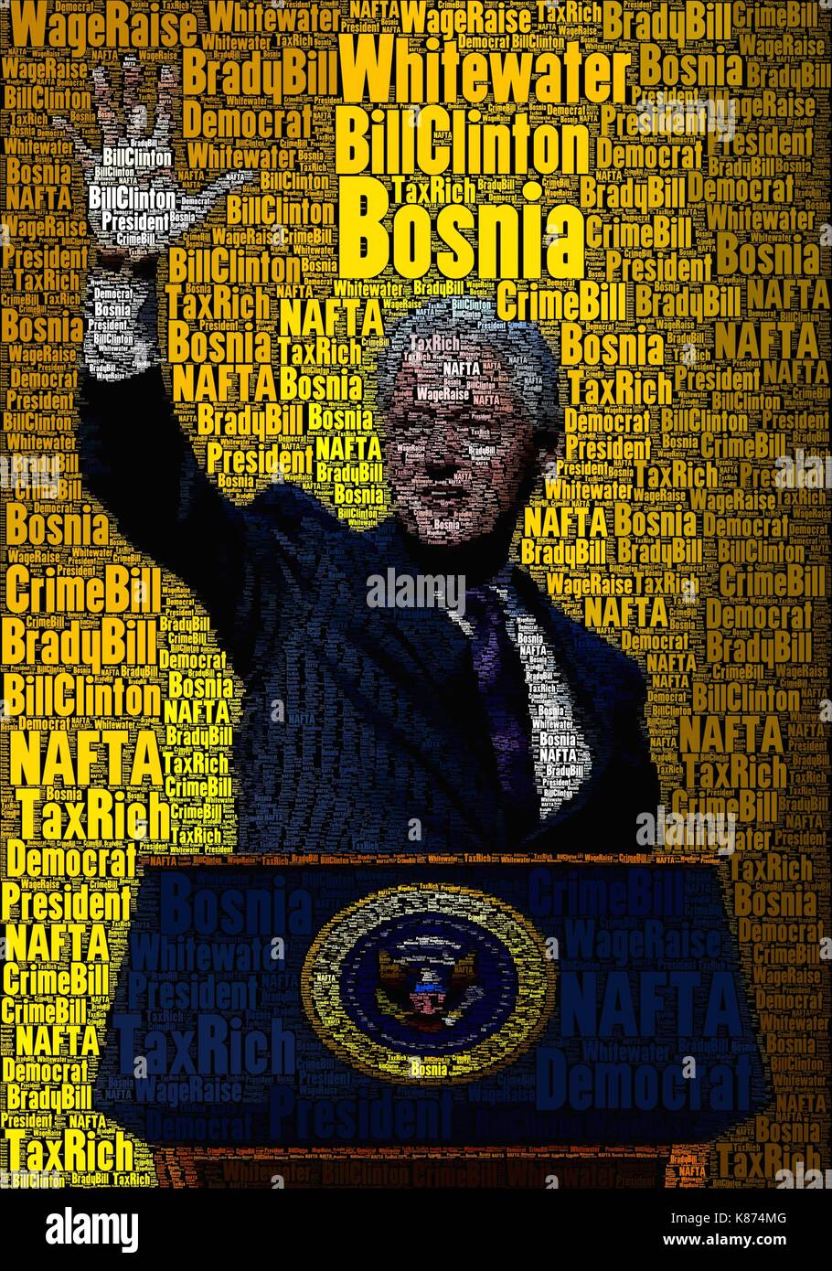 President Bill Clinton art concept cover, using only words about his time in office. Stock Photo