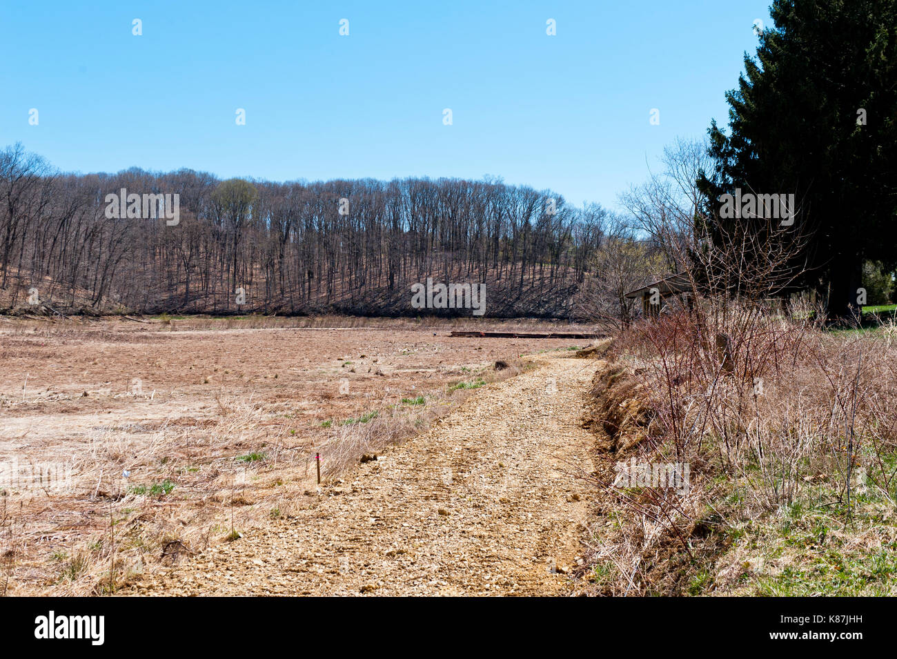 CONSTRUCTION PATH THROUGH DRY LAKE BED OF SPEEDWELL FORGE LAKE AFTER DRAINING DUE TO DAM DAMAGE, LITITZ PENNSYLVANIA Stock Photo