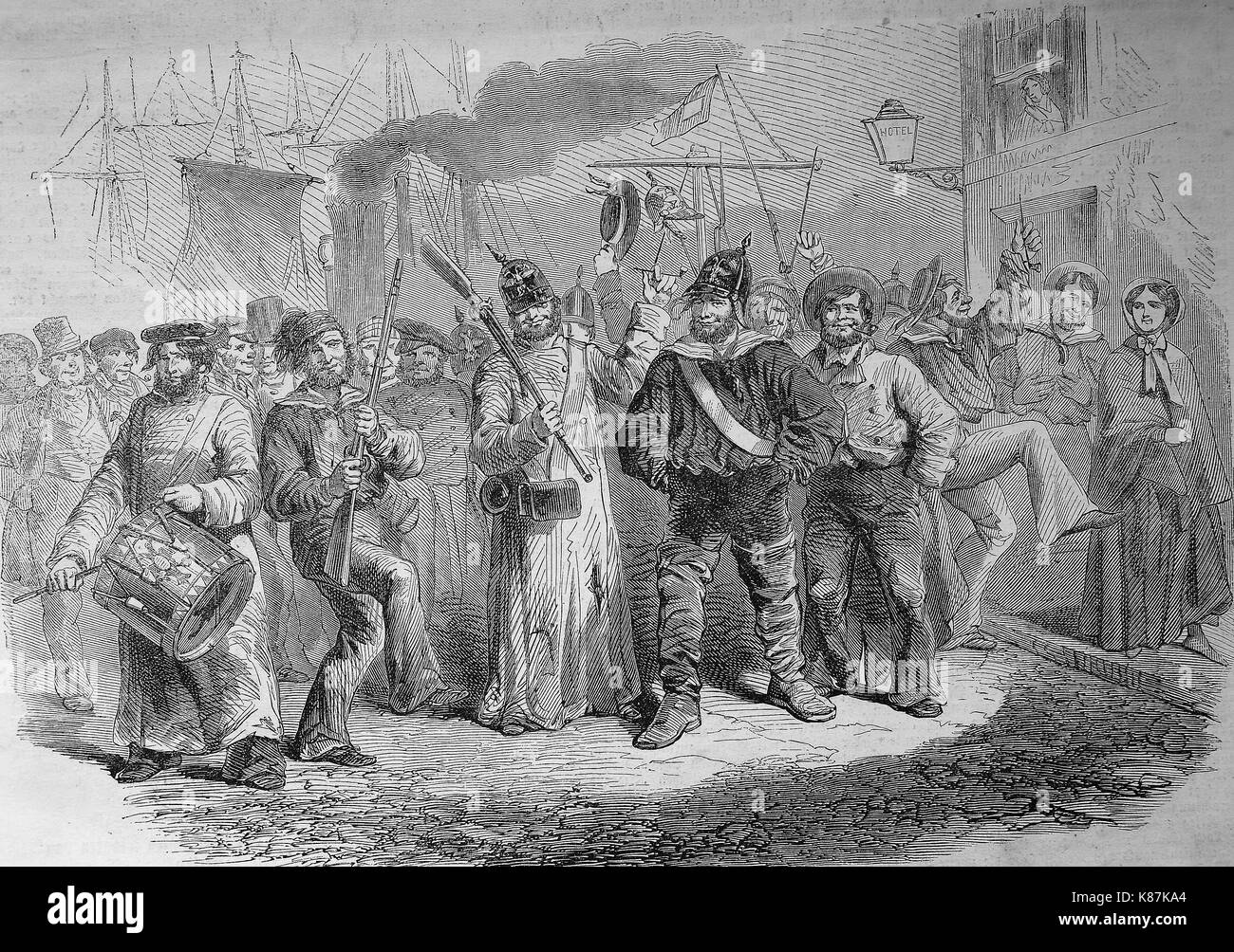 Sailors on shore leave pass through South Hampton, England, 1855, Digital improved reproduction of an original woodprint from the 19th century Stock Photo