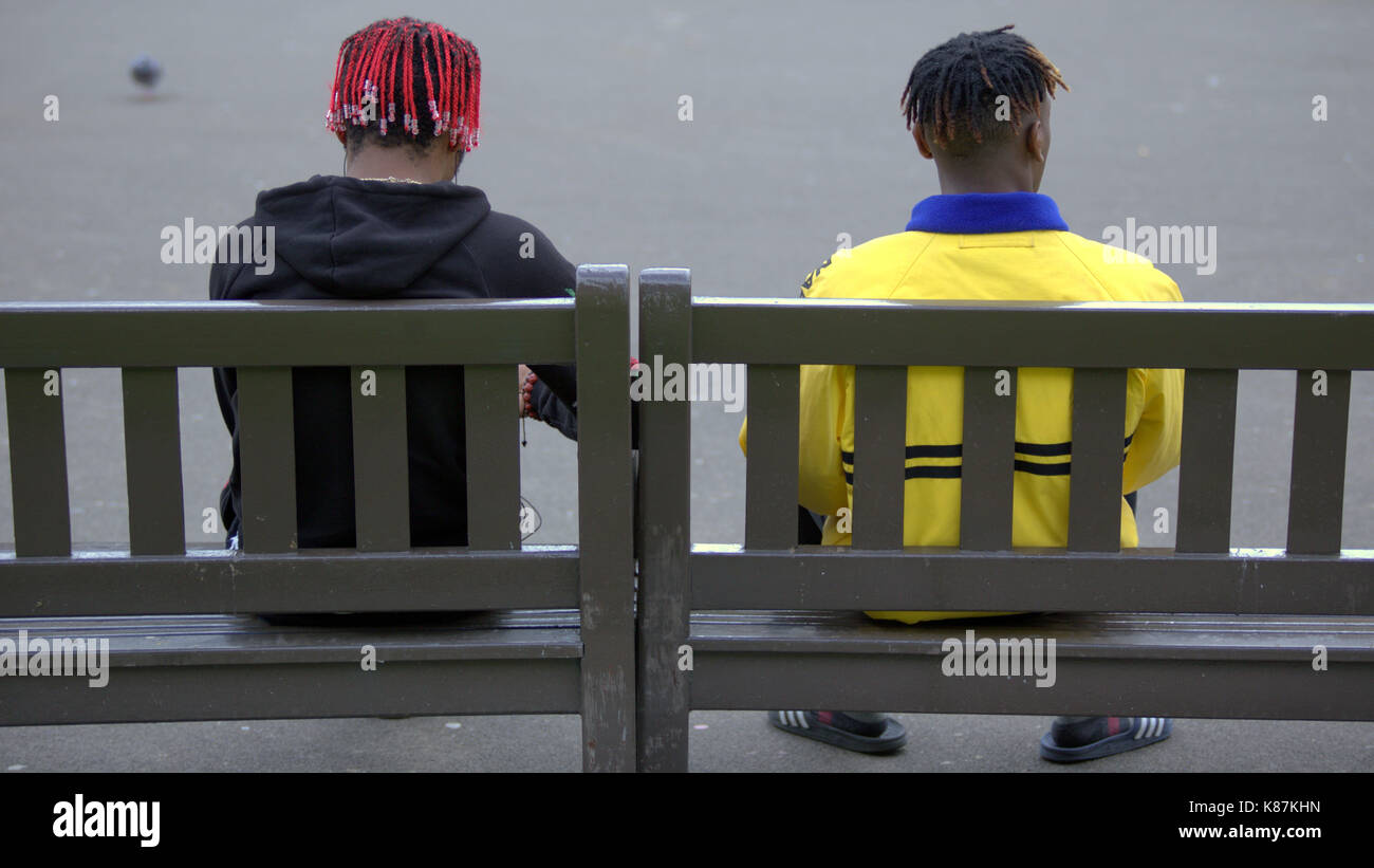 black guys males with braided hair dreadlocks  viewed from behind Stock Photo