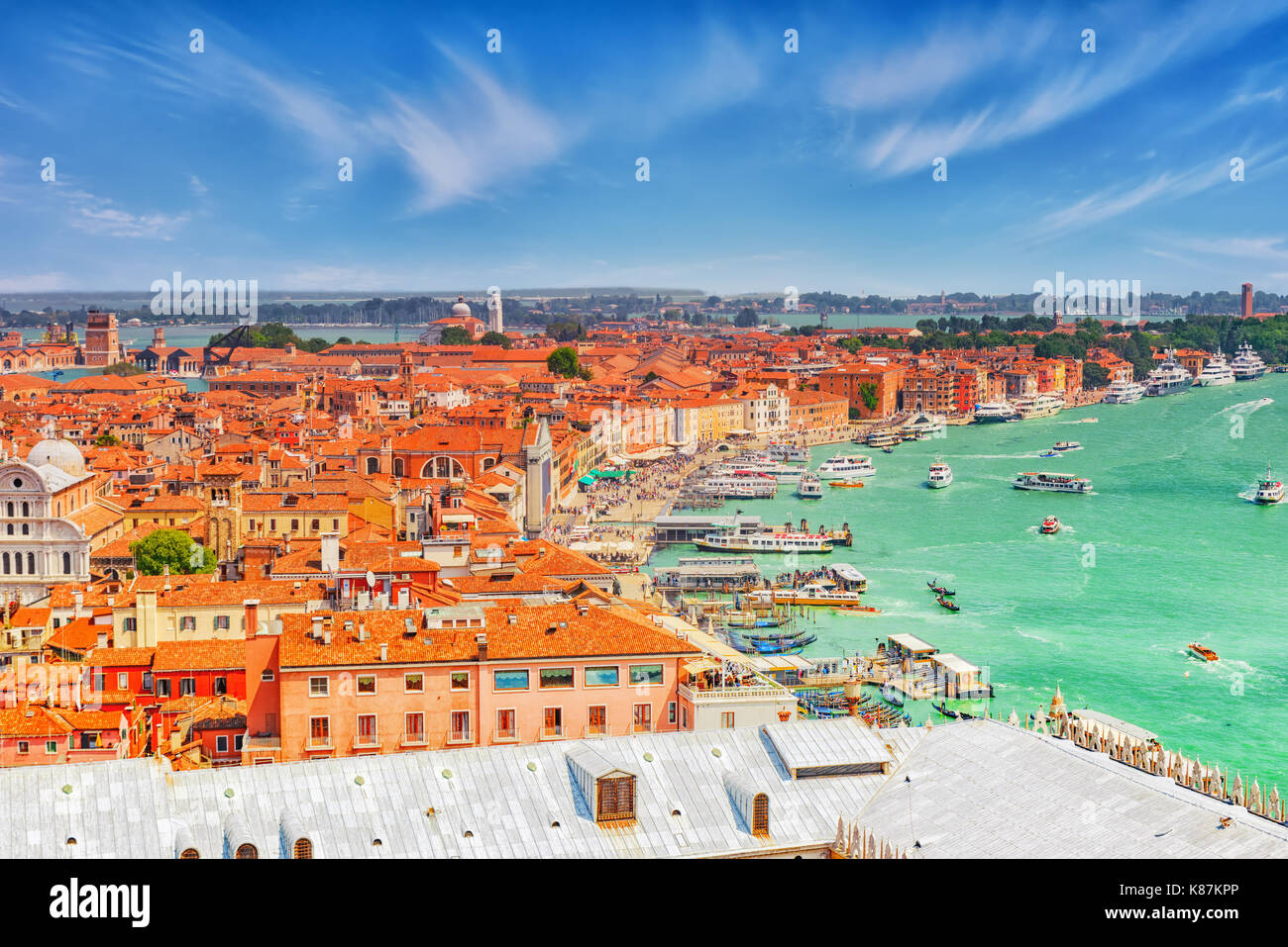 Panoramic view of Venice from the Campanile tower of St. Mark's Cathedral (Campanile di San Marco)- seafront promenade near St. Mark's Square. Italy. Stock Photo