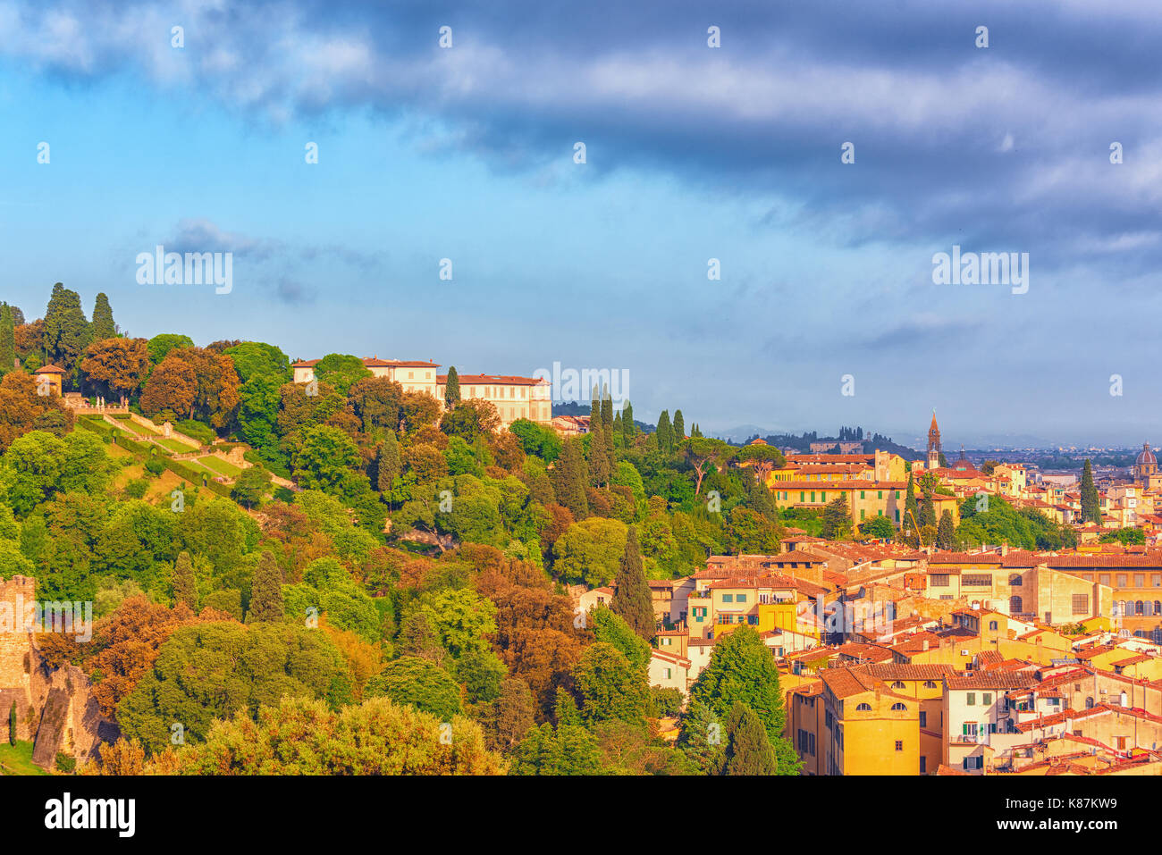 Beautiful landscape above, panorama on historical view Gardens of Bardini (Giardino Bardini) from  Piazzale Michelangelo point. Italy. Stock Photo