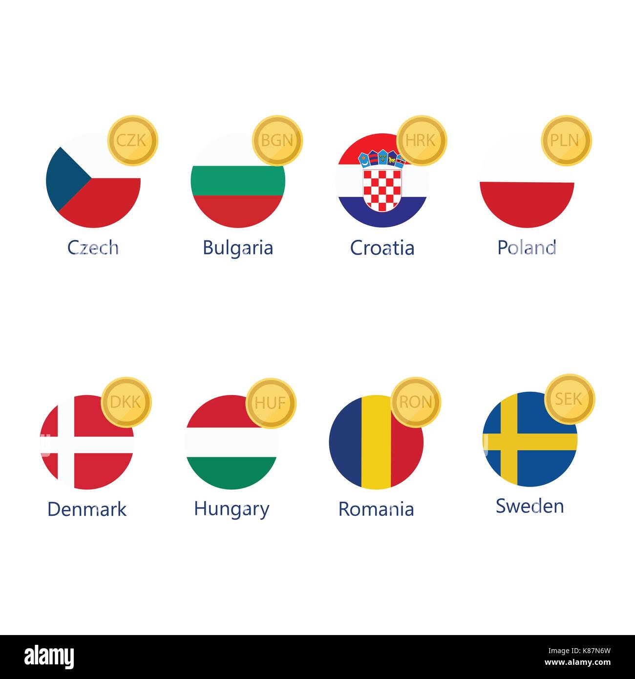 Vector illustration world currency symbols icon set. Money sign icons with national flags. Stock Vector