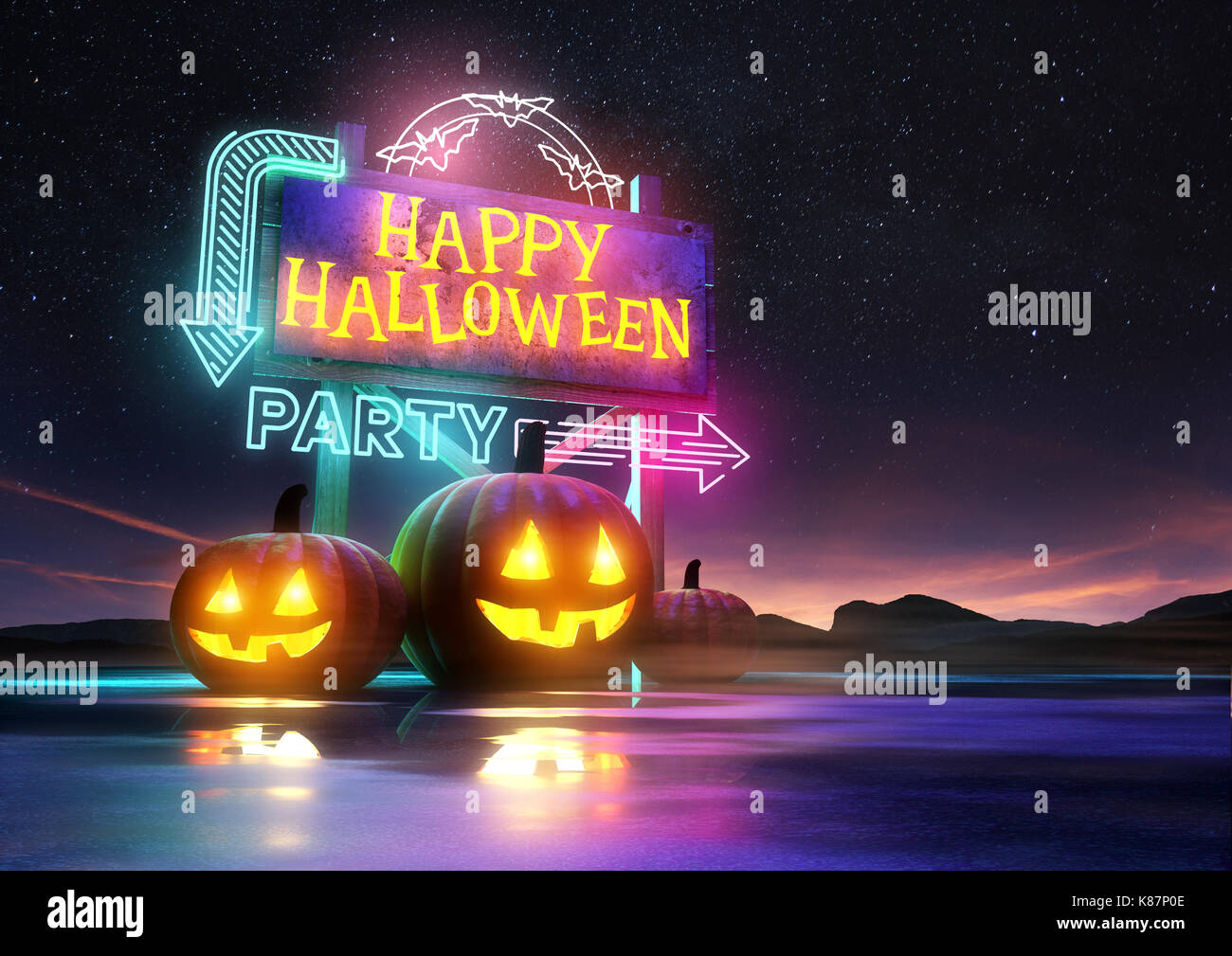 Halloween party background design with glowing signs and pumpkins. 3D  illustration Stock Photo - Alamy