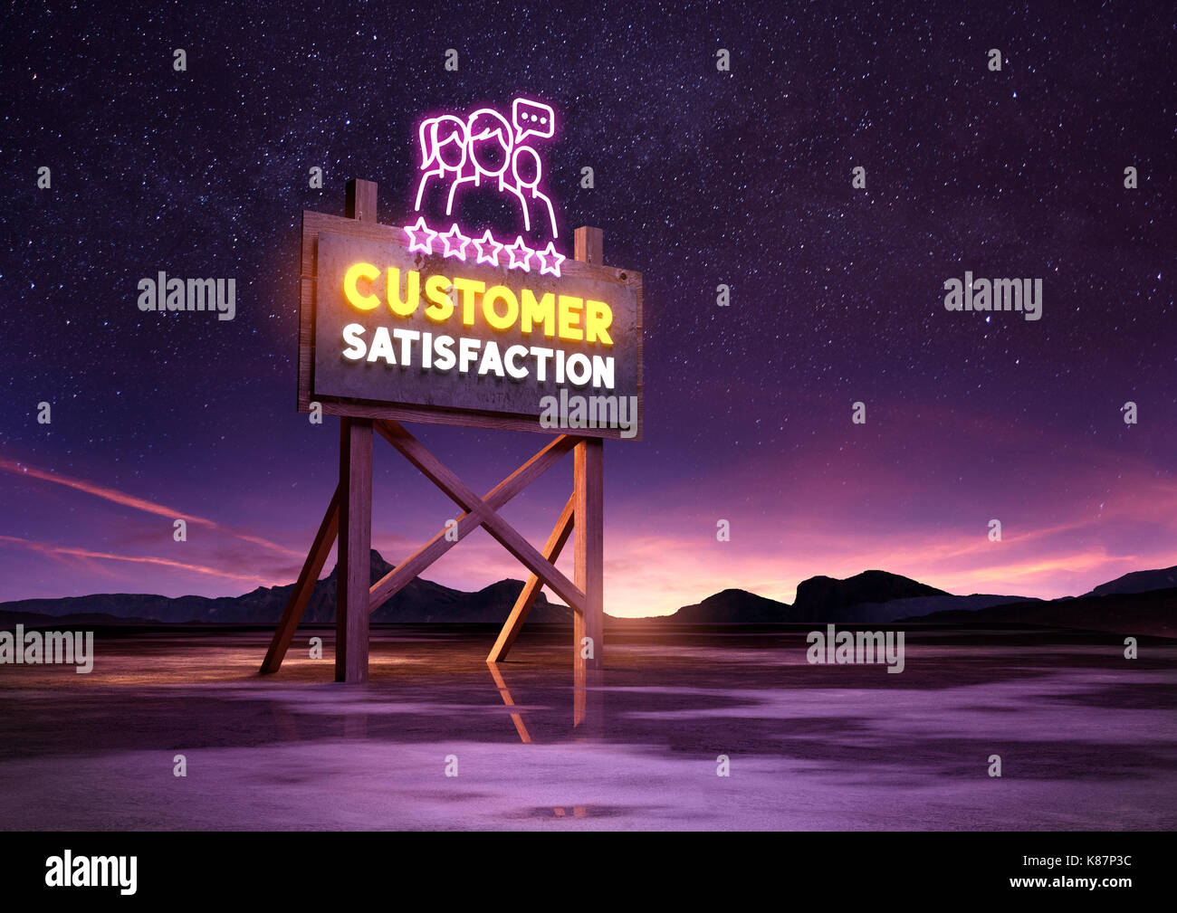 customer satisfaction neon road sign glowing at night. Mixed media illustration Stock Photo