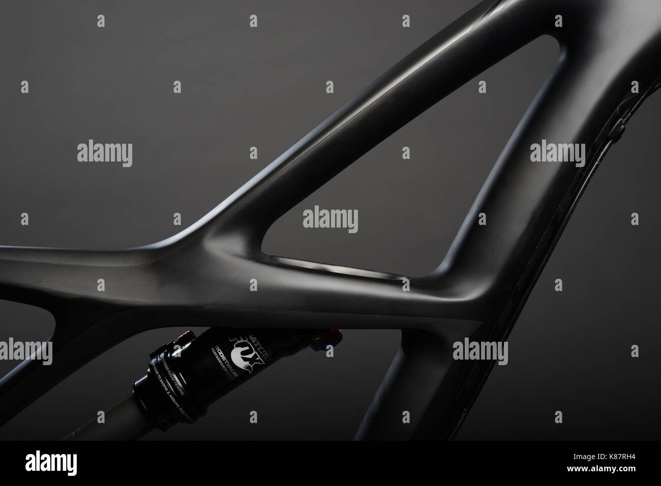 Carbon fibre full suspension mountain bike frame. Stock Photo