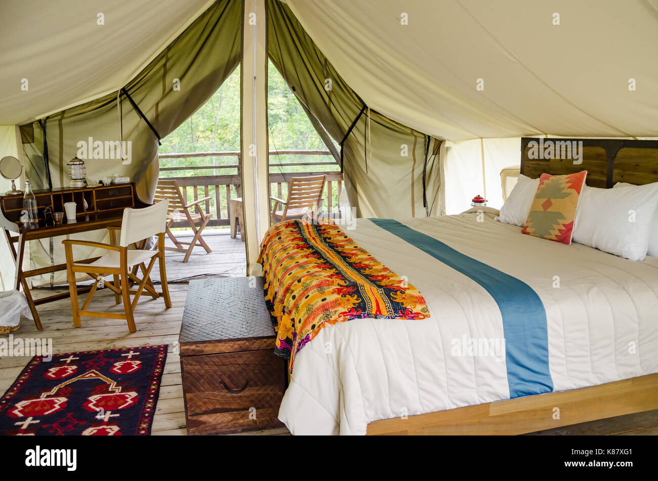 The inside of a glamor camping tent in New York. Stock Photo