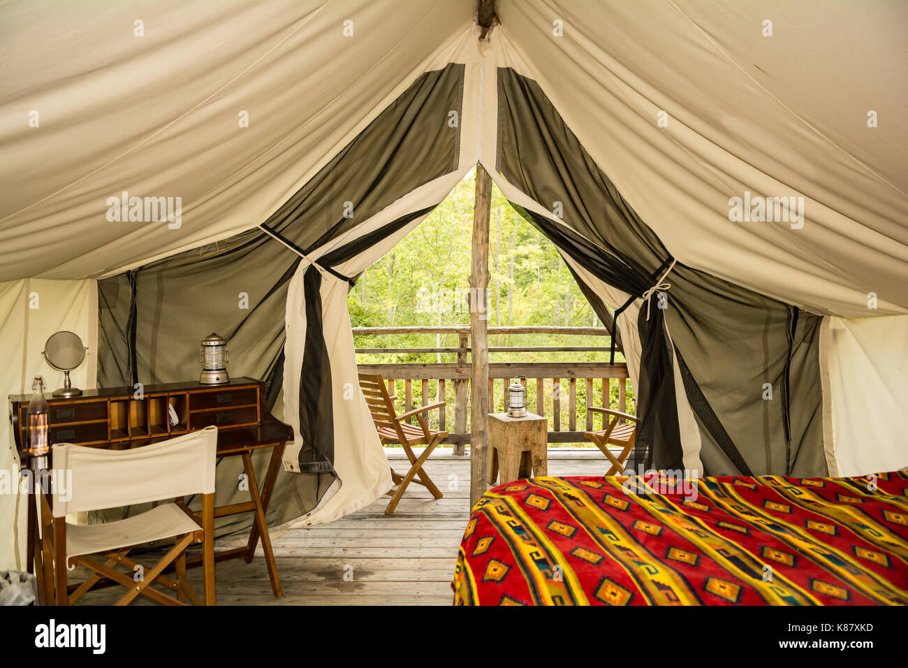 The inside of a glamor camping tent in New York. Stock Photo