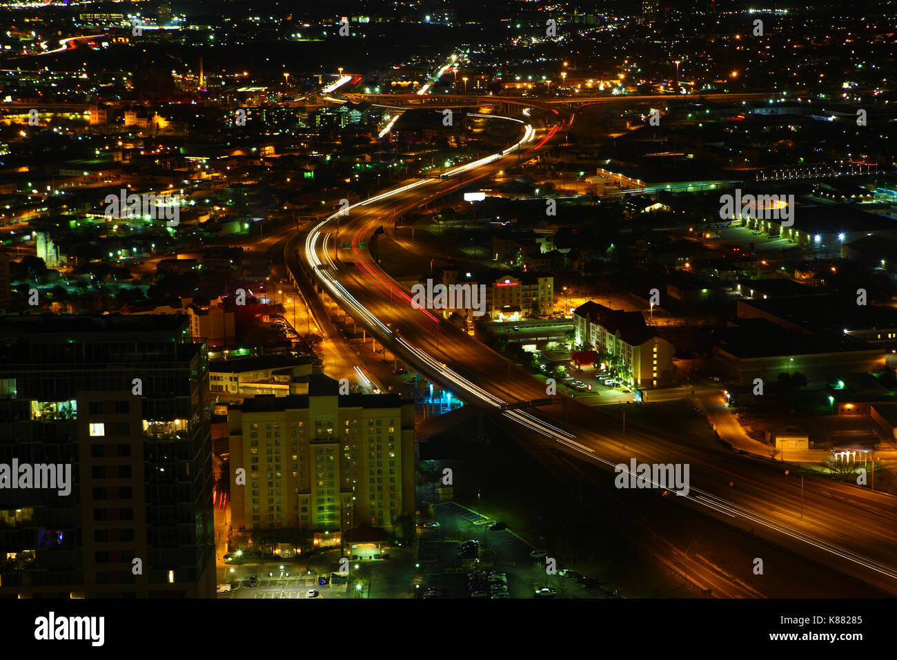 Aerial view of San Antonio expressways at night Stock Photo