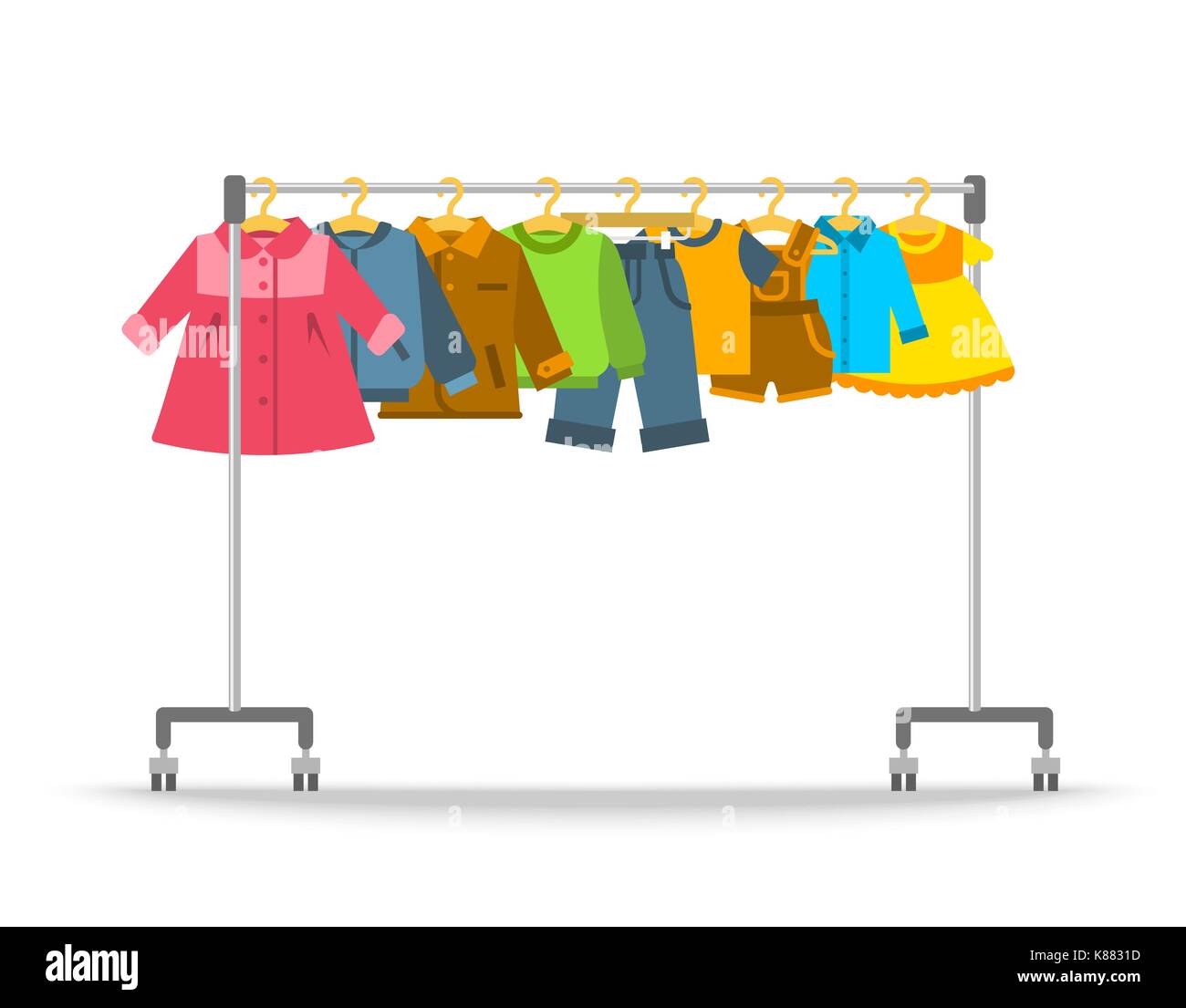 Kids clothes on hanger rack. Flat style vector illustration. Casual little  children apparel hanging on shop rolling display stand. Boys and girls outf  Stock Vector Image & Art - Alamy