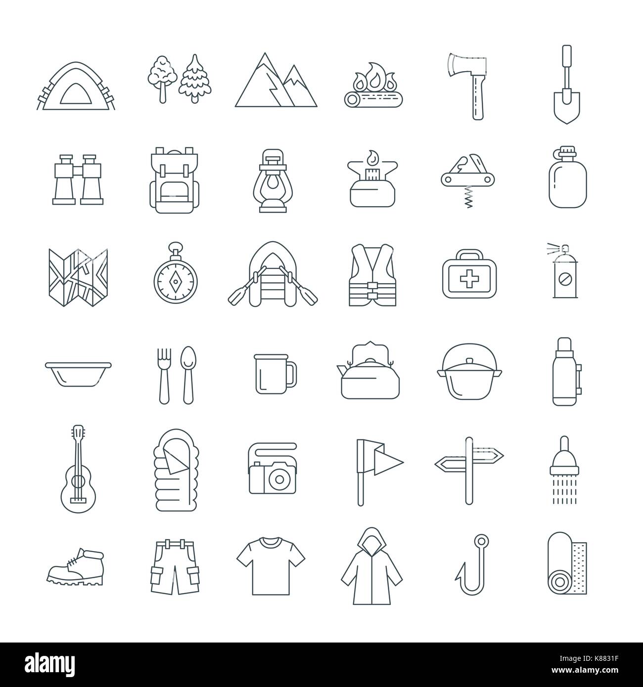 Summer camping thin line icons. Vector flat outline graphics. Outdoor recreational activity. Hiking tourism tools, clothes, objects. Wild nature trave Stock Vector