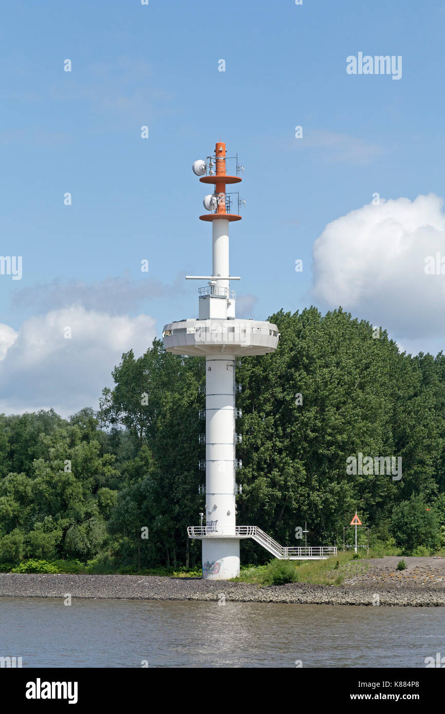 radar tower on Pagensand Island, River Elbe, Schleswig-Holstein, Germany Stock Photo