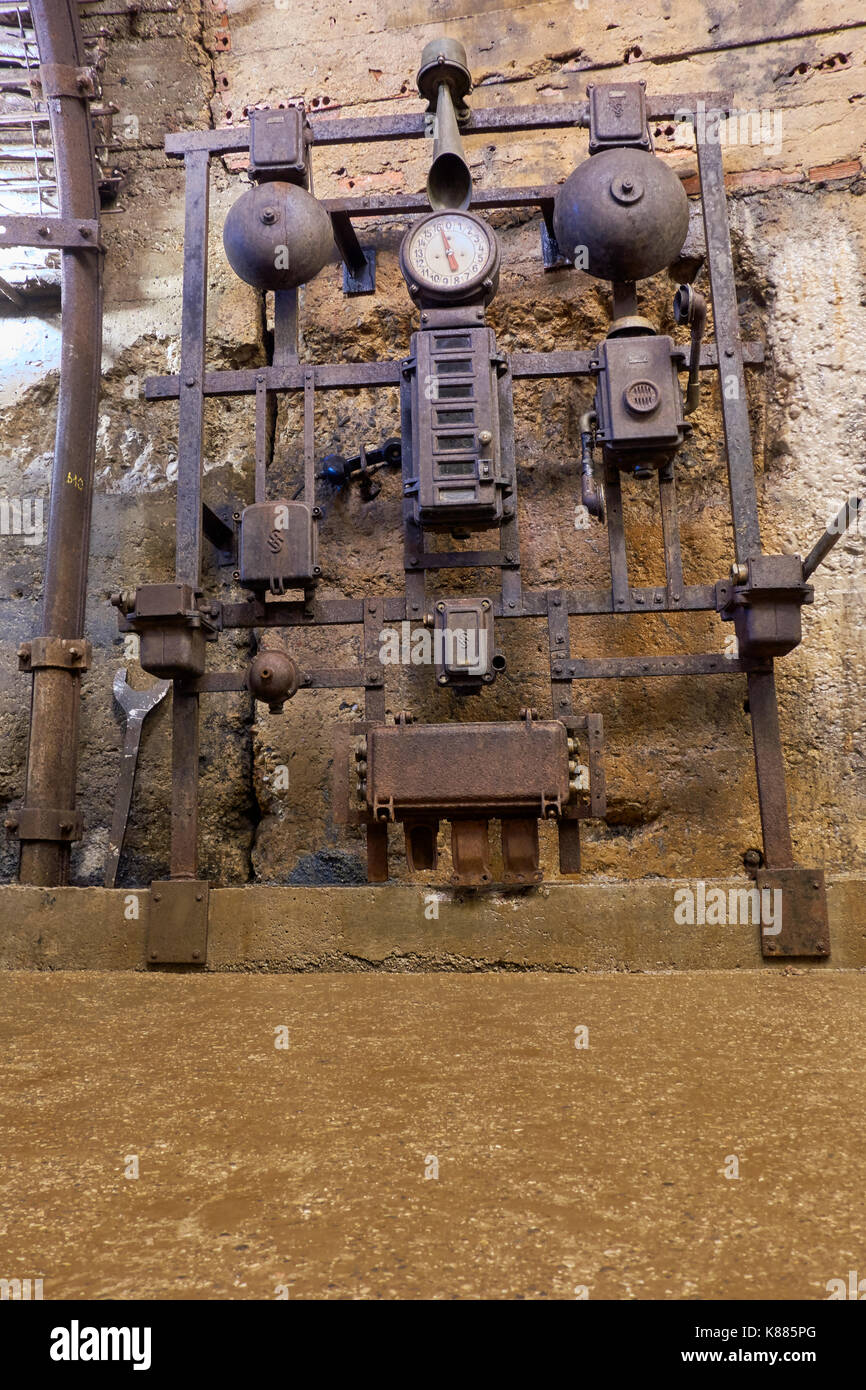 Cage underground control in a coal mine. Samuño Valley Ecomuseum and San Luis Pit. Ciañu (Langreo). Asturias. Spain. Stock Photo