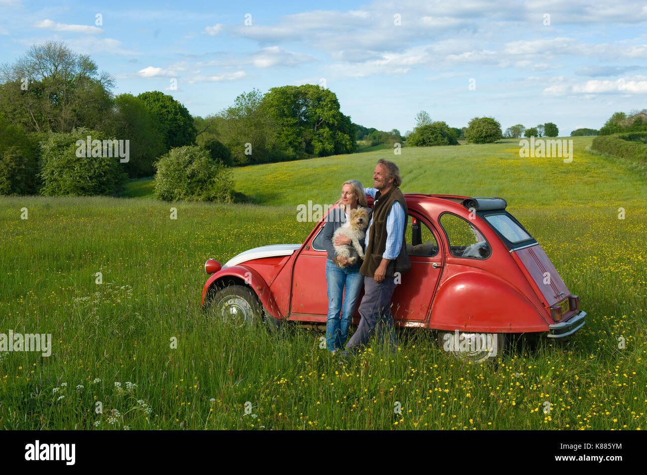 Man and woman standing side by side on a meadow, holding small dog, leaning against red vintage car. Stock Photo
