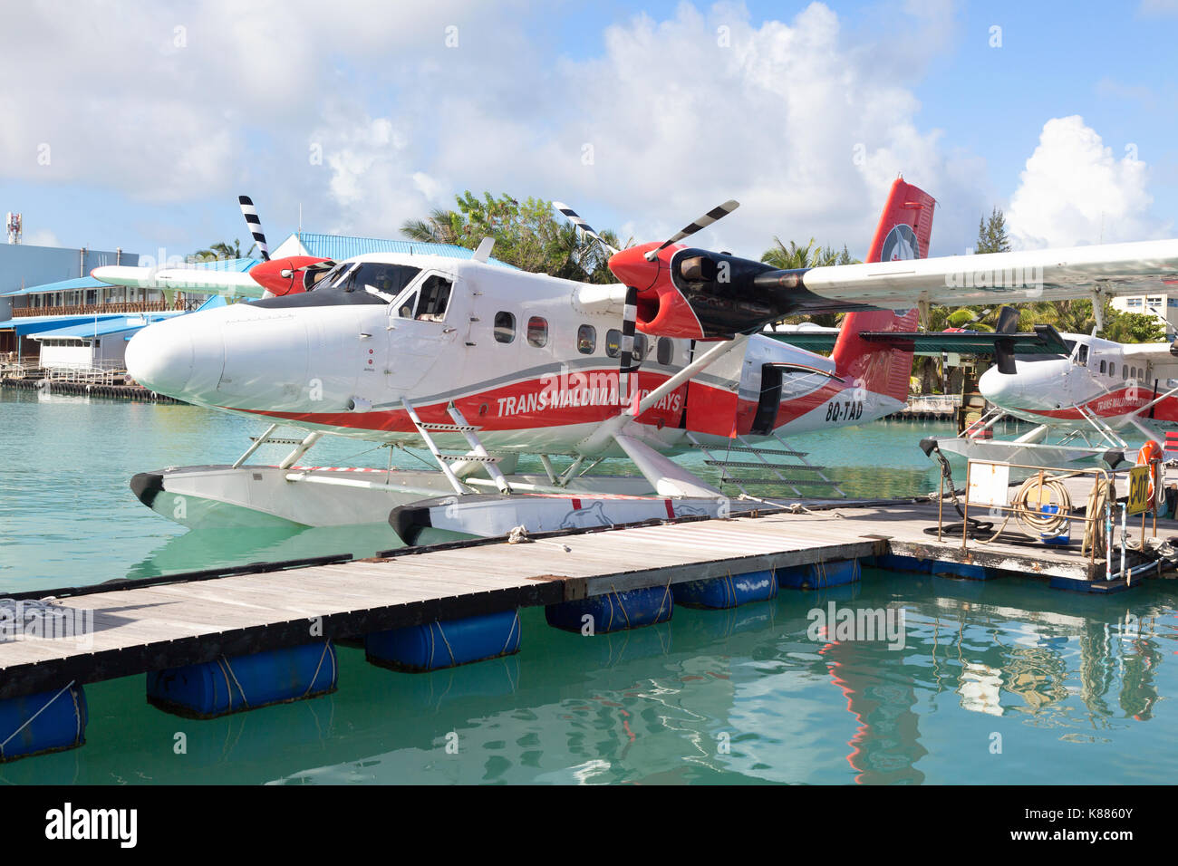 A Trans maldivian Airways seaplane moored in Male airport, Male, Maldives, Asia Stock Photo