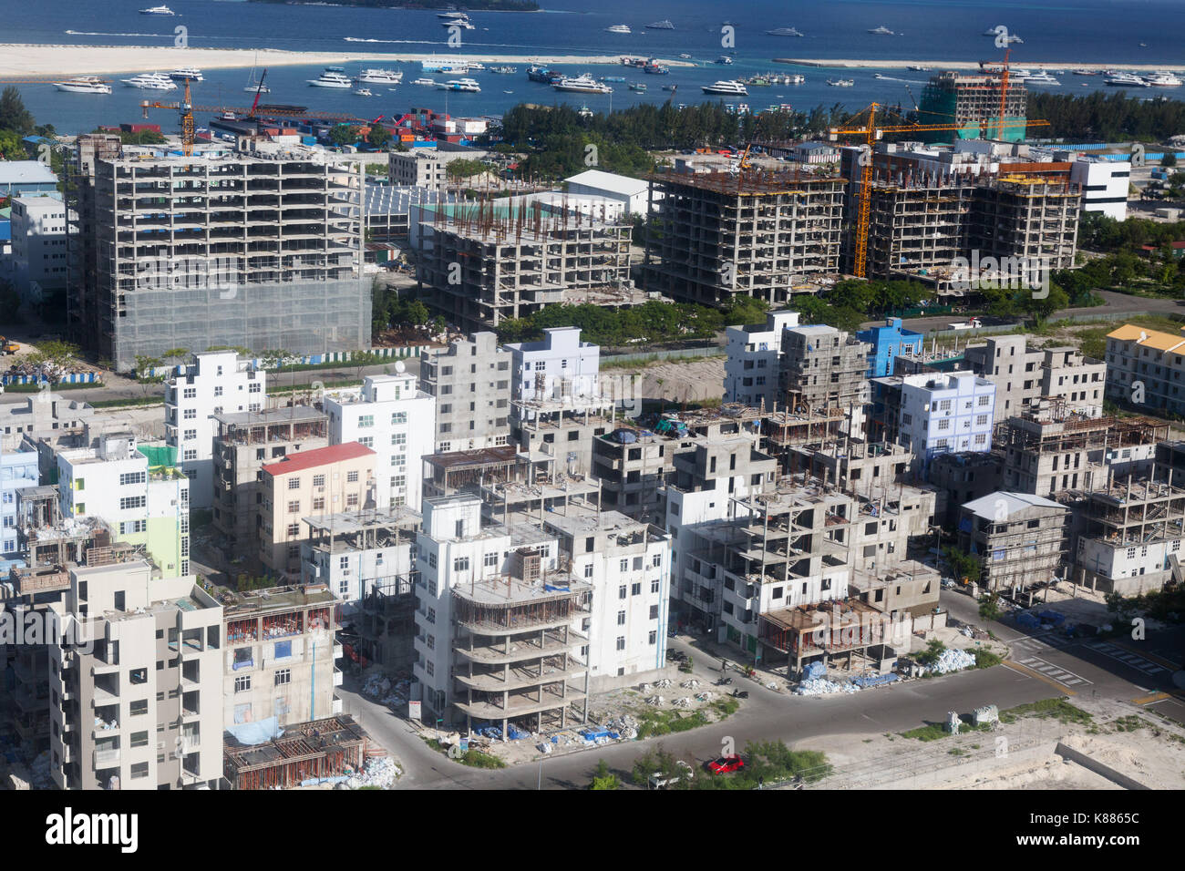 Maldives Construction - Construction of new buildings seen from above in Male, the capital city, the Maldives, Asia Stock Photo