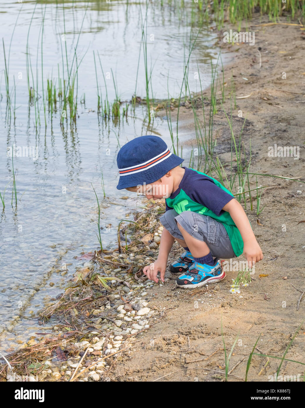 Small boy gathers stones at the edge of a lake or pond. Stock Photo