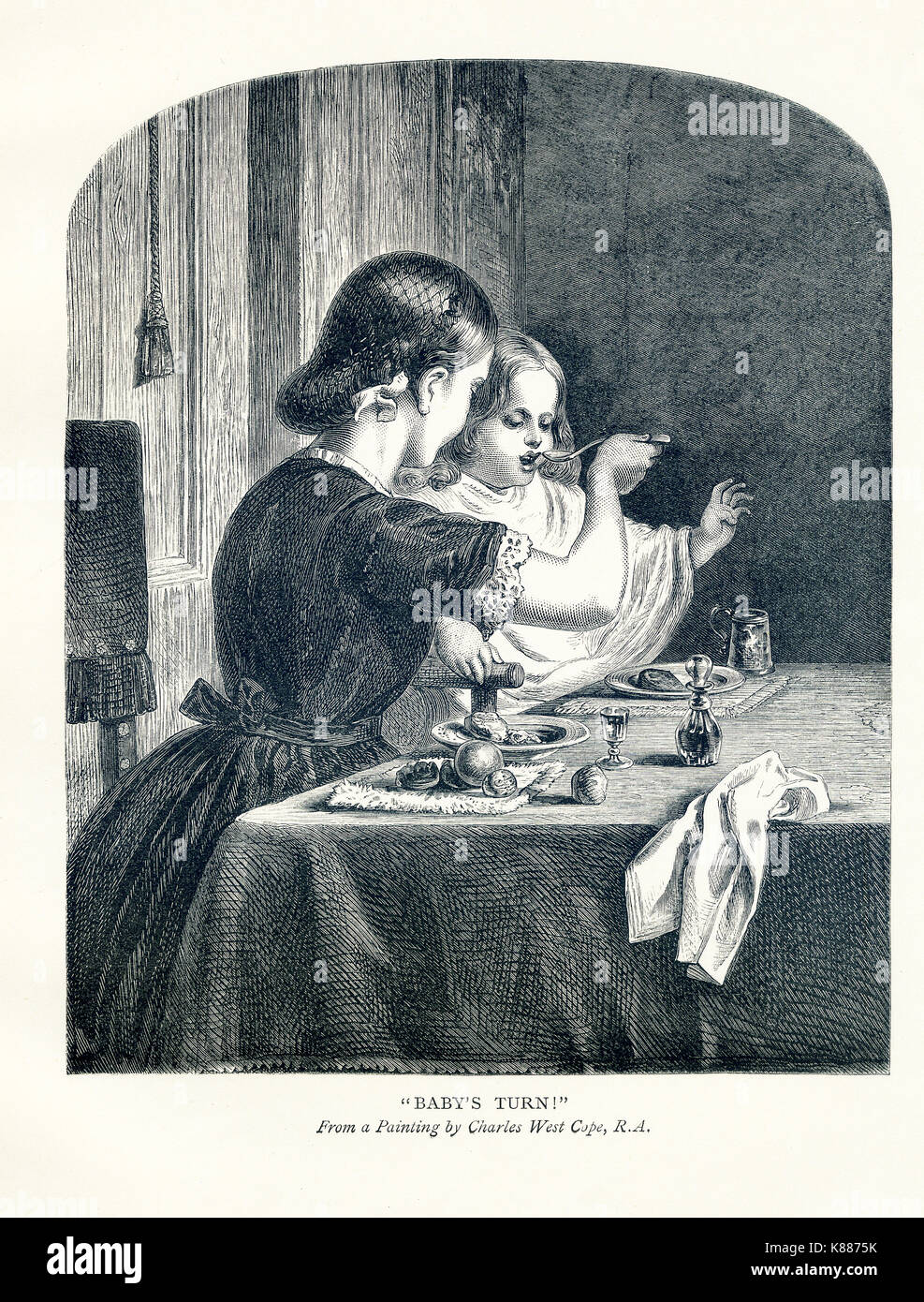 This engraving on wood accompanied an 1881 book on British Painters. The title is 'Baby's Turn,' and it is by Charles West Cope (1811-1890), a leading English Victorian-era painter of genre and history scenes. Stock Photo