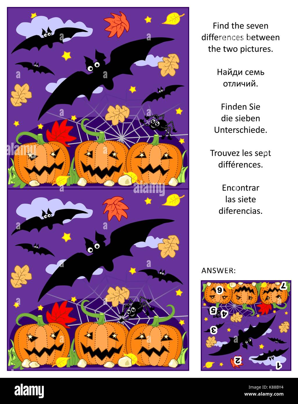 Halloween themed visual puzzle: Find the seven differences between the two pictures of flying bats, pumpkin field, spider. Answer included. Stock Vector