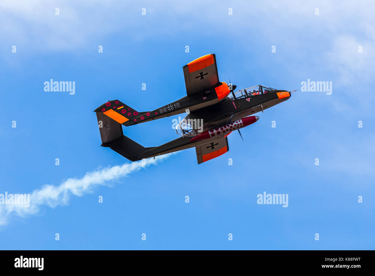 North American Aviation Rockwell OV-10 Bronco in Luftwaffe markings at the 2017 Southport airshow against a blue sky. Stock Photo