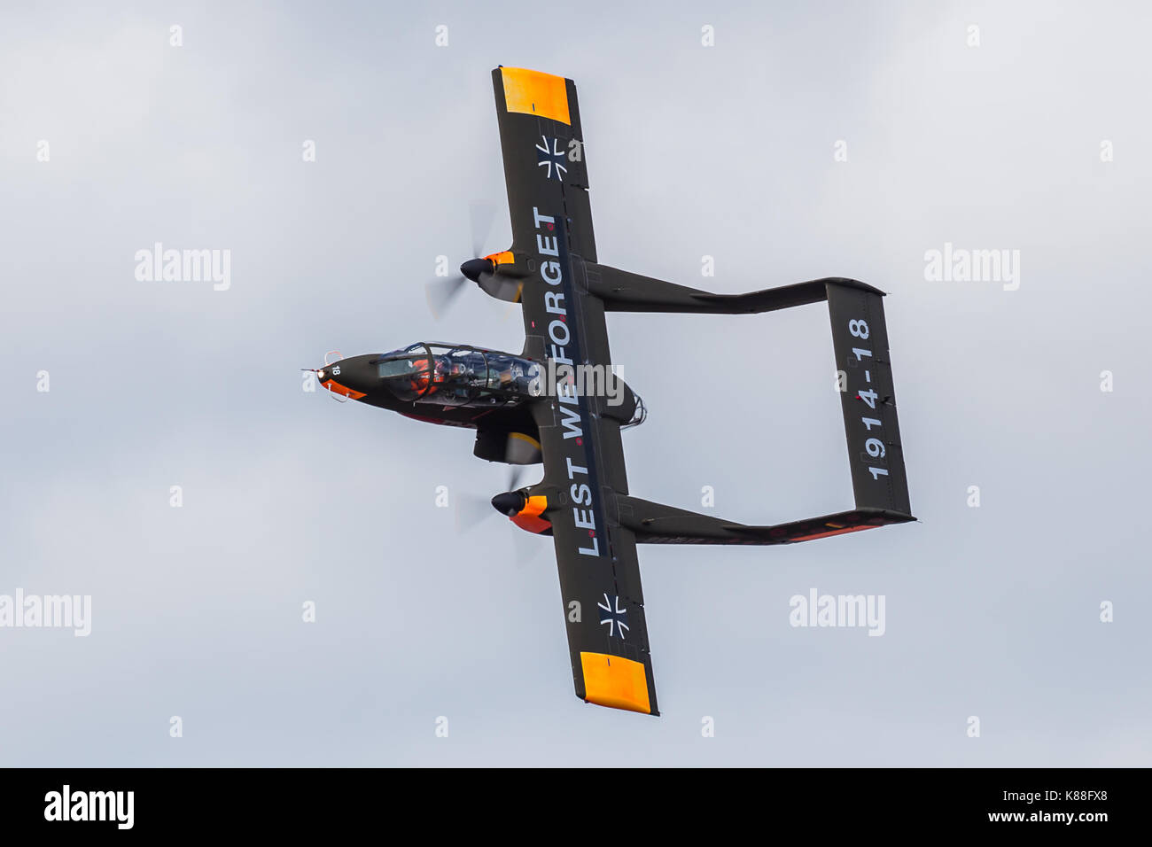 A topside pass by the  North American Aviation Rockwell OV-10 Bronco at the Southport airshow in the early autumn of 2017. Stock Photo