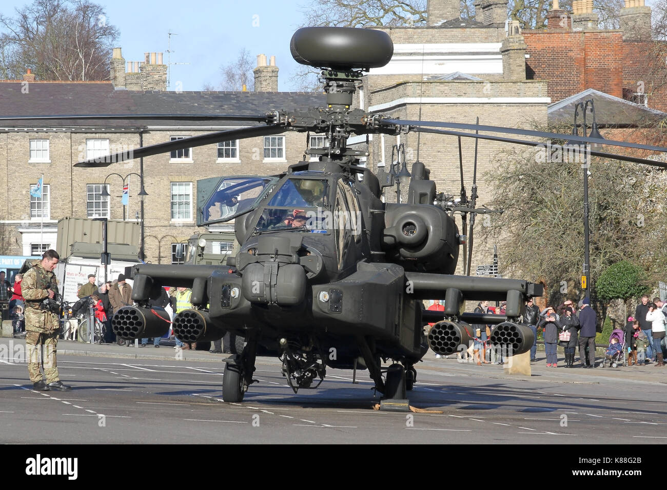 AAC Apache AH1 from nearby Wattisham airfield on display during a army recruiting day in a town centre car park in Bury St Edmunds, Suffolk. Stock Photo