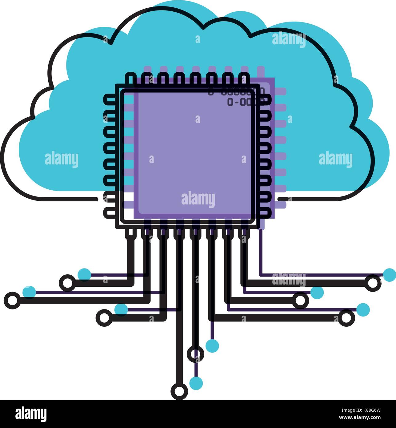 cloud storage data and cpu microprocessor icon watercolor silhouette with thick contour Stock Vector