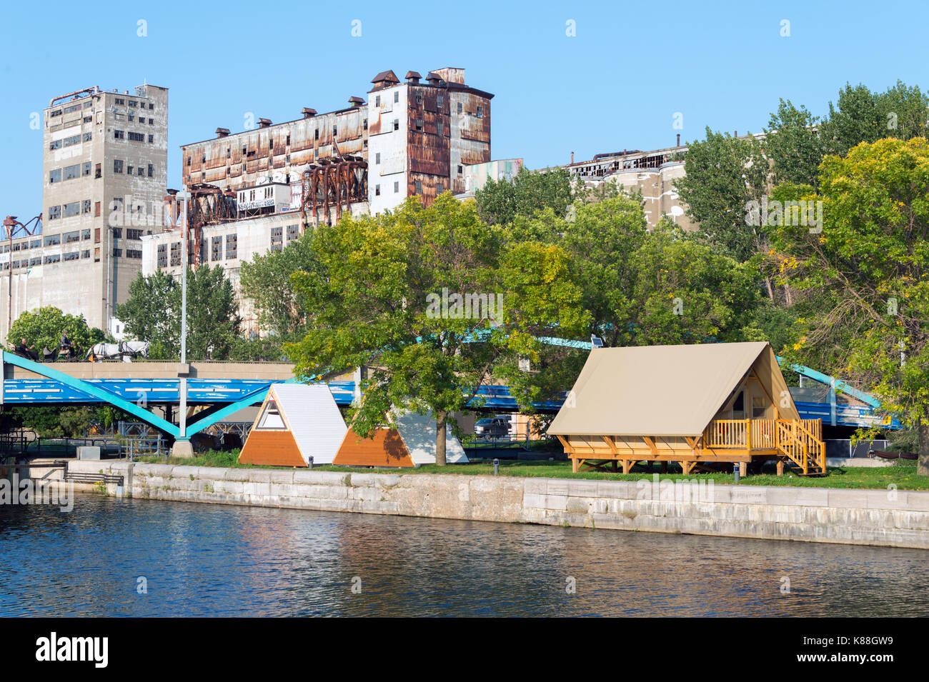 Montreal, CA - 17 September 2017: The Village by the locks in the Old Port of Montreal is a new lodging experience combining urban camping and boating Stock Photo