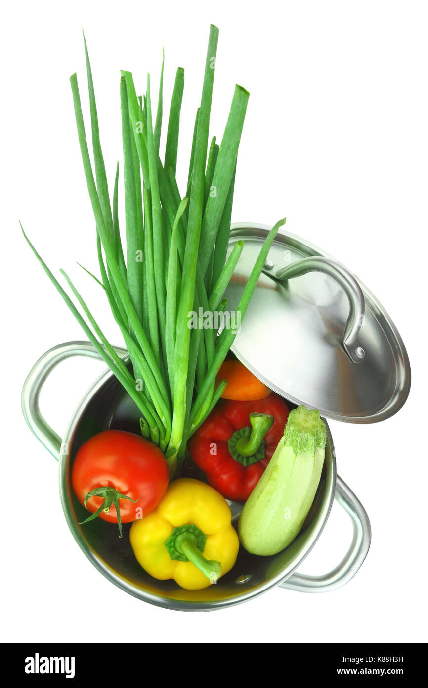 Colorful vegetables in a stainless steel cooking pot Stock Photo