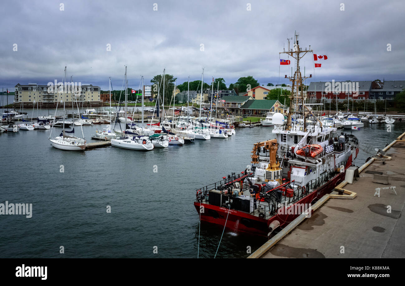 Looking down onto watercraft in Charlottetown Harbour, Prince Edward Island, Canada Stock Photo